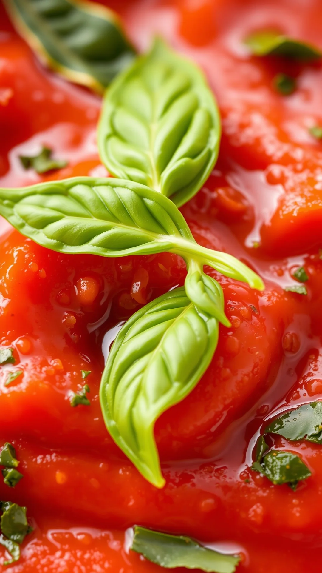 Close-up macro shot of fresh homemade tomato sauce, silky smooth texture, garnished with green basil leaves and olive oil dro