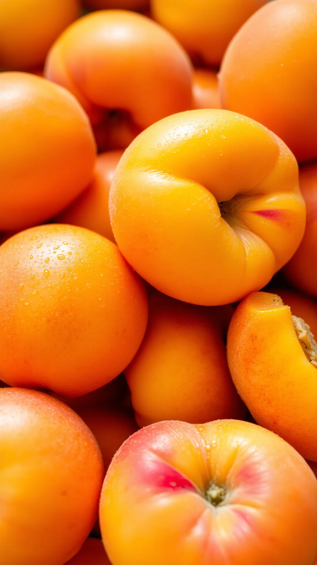 Close-up macro shot of fresh ripe nectarines and apricots, juicy stone fruits, golden-yellow colors, wet surface, appetizing