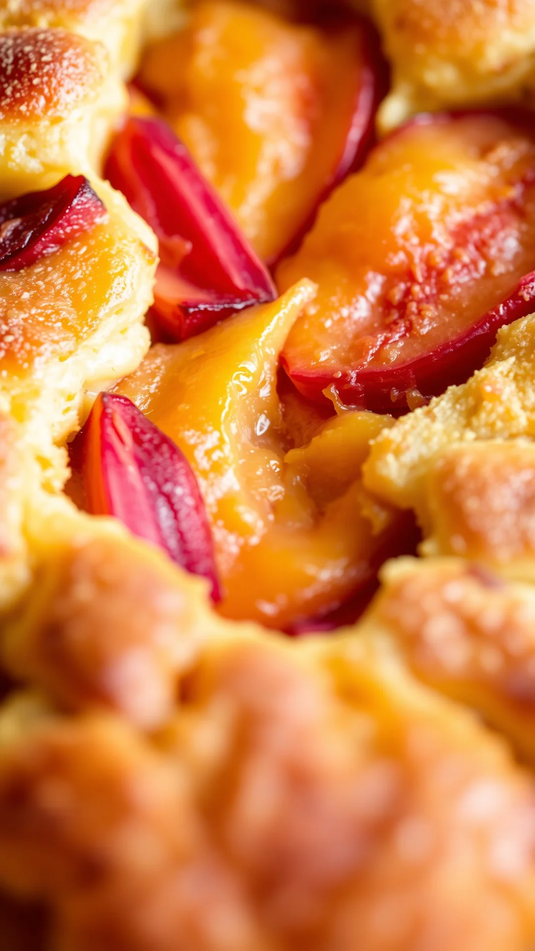 Close-up macro shot of freshly baked clafoutis with apricot and rhubarb pieces, fluffy golden interior texture visible, studi