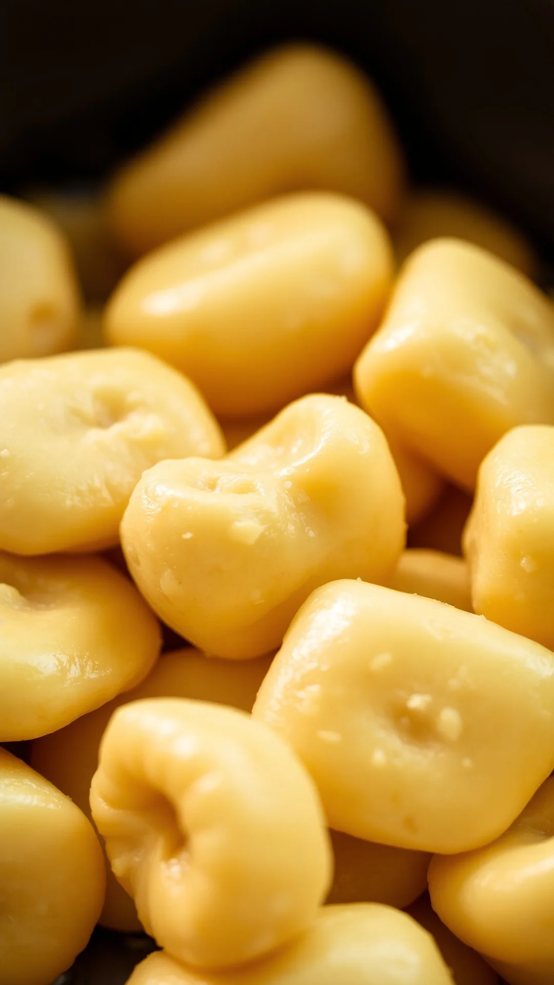 Close-up macro shot of freshly made Italian gnocchi with fork marks, creamy texture, soft golden lighting, food styling detai