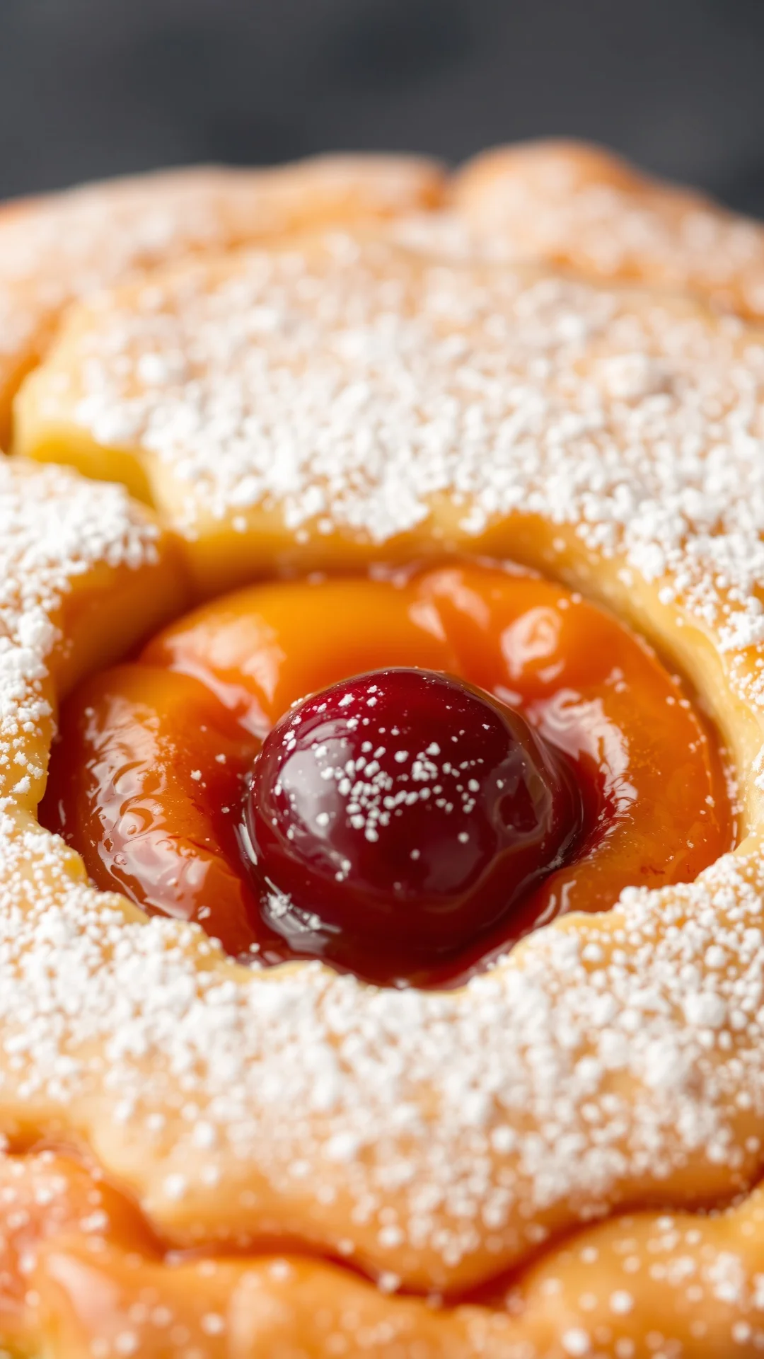 Close-up macro shot of golden clafoutis slice with apricot and cherry, fluffy custard texture, garnished with powdered sugar,