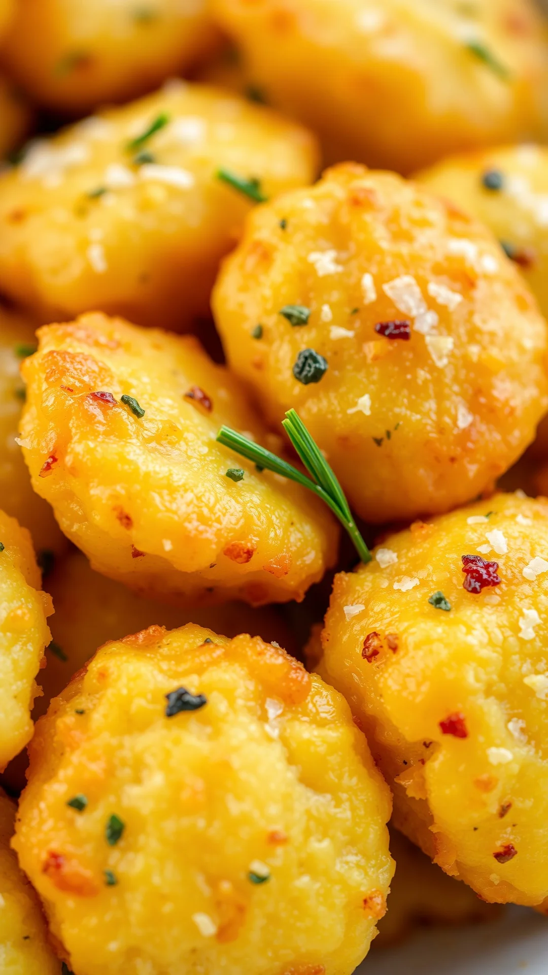 Close-up macro shot of golden crispy gnocchi texture, golden exterior with herbs and parmesan, side view detail photography p