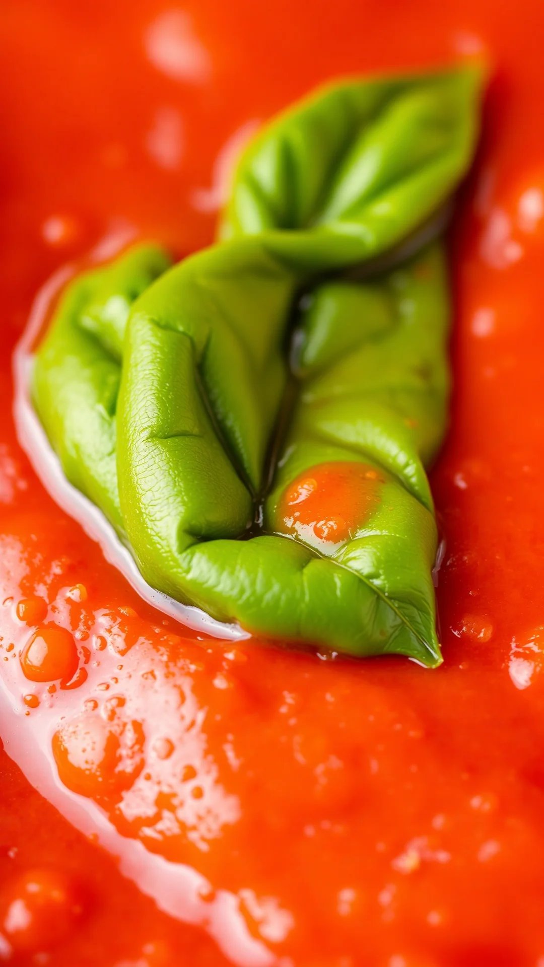 Close-up macro shot of rich homemade tomato sauce with fresh basil leaf, vibrant red color, smooth creamy texture, Italian Me