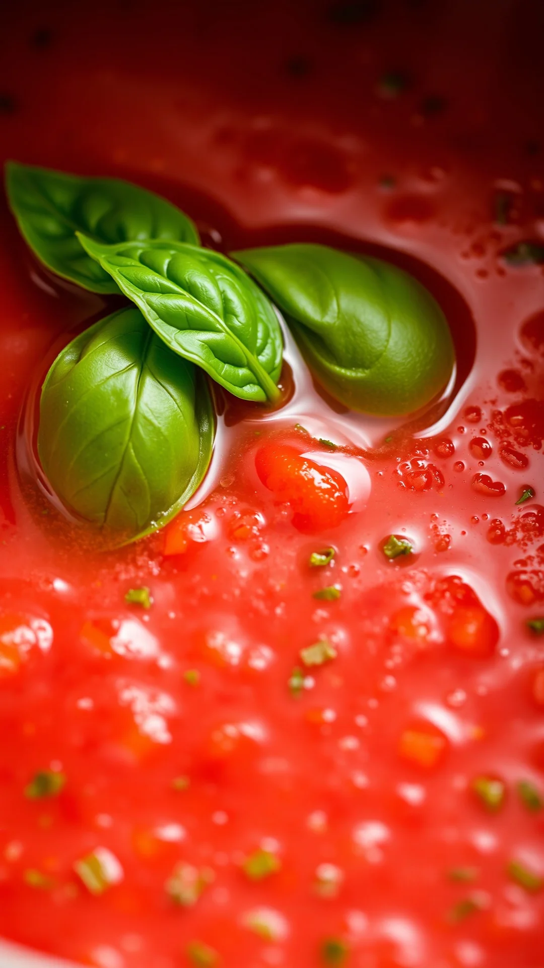 Close-up macro shot of simmering tomato sauce in a pot, bubbling gently with fresh basil leaf floating, rich deep red color,