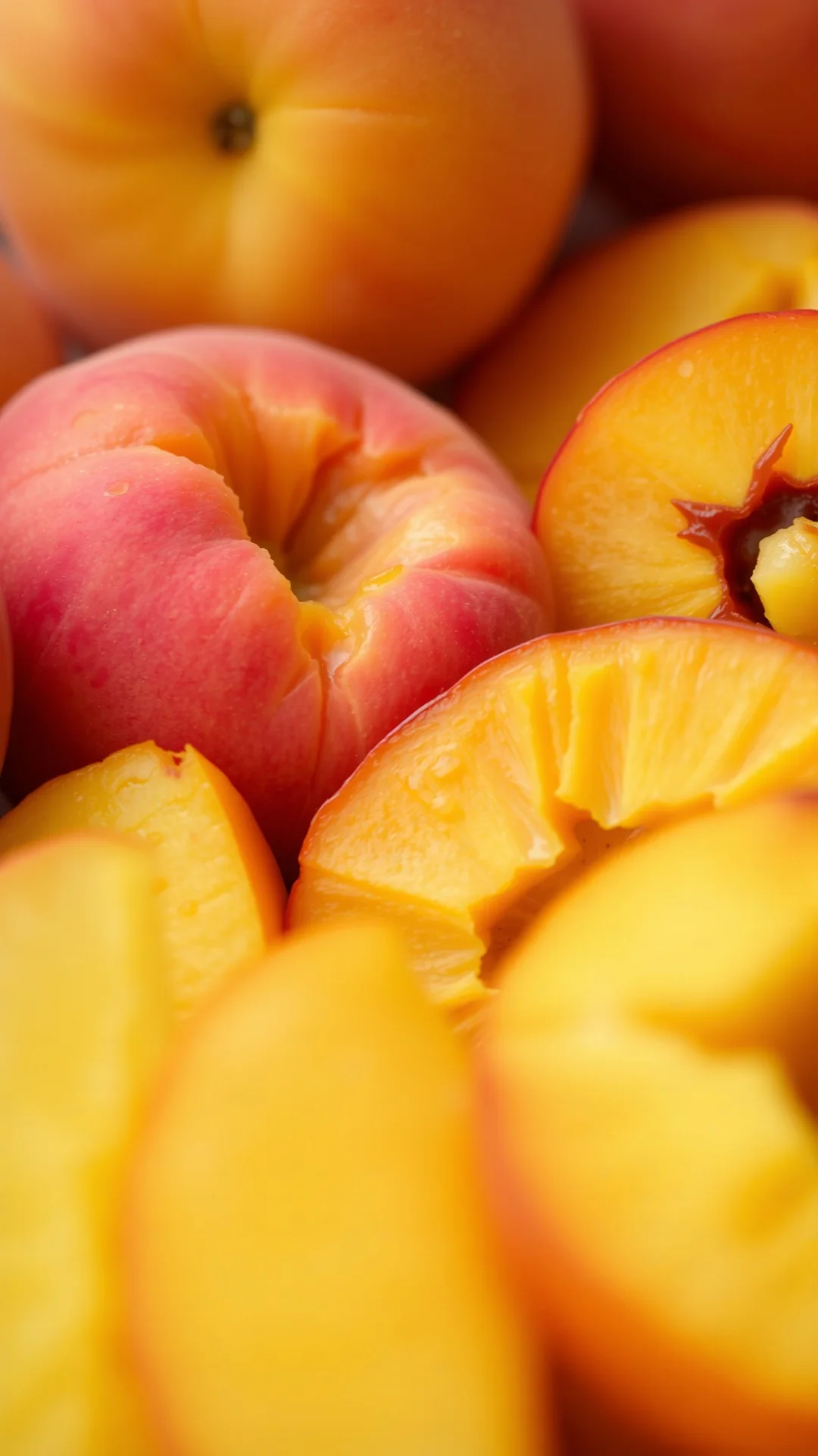 Close-up macro shot ripe juicy peaches and apricots fresh fruit sliced into quarters golden summer fruit detail food photogra