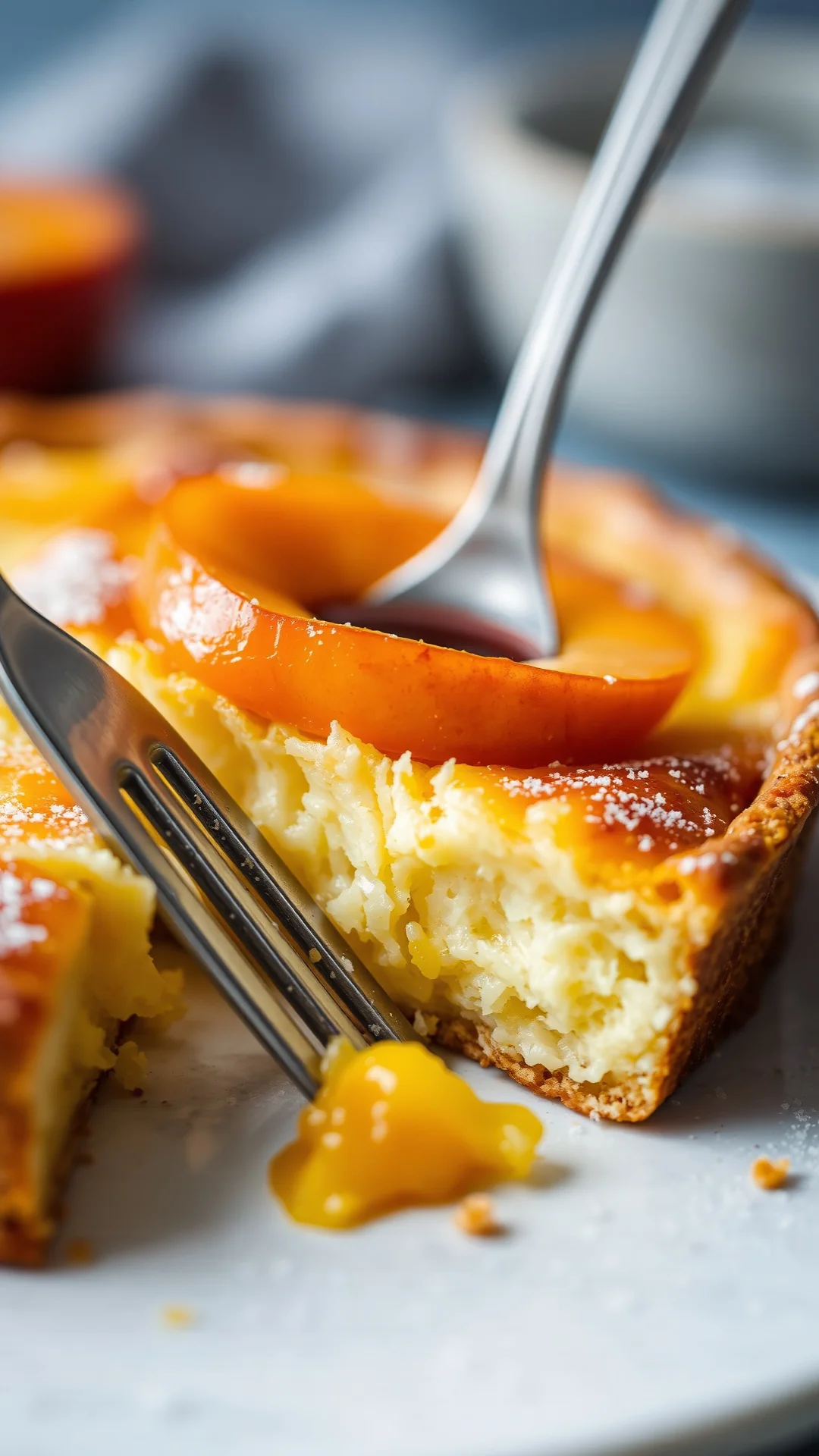 Close-up macro shot sliced apricot clafoutis showing fluffy custard texture golden brown crust fresh apricot piece, fork, sha