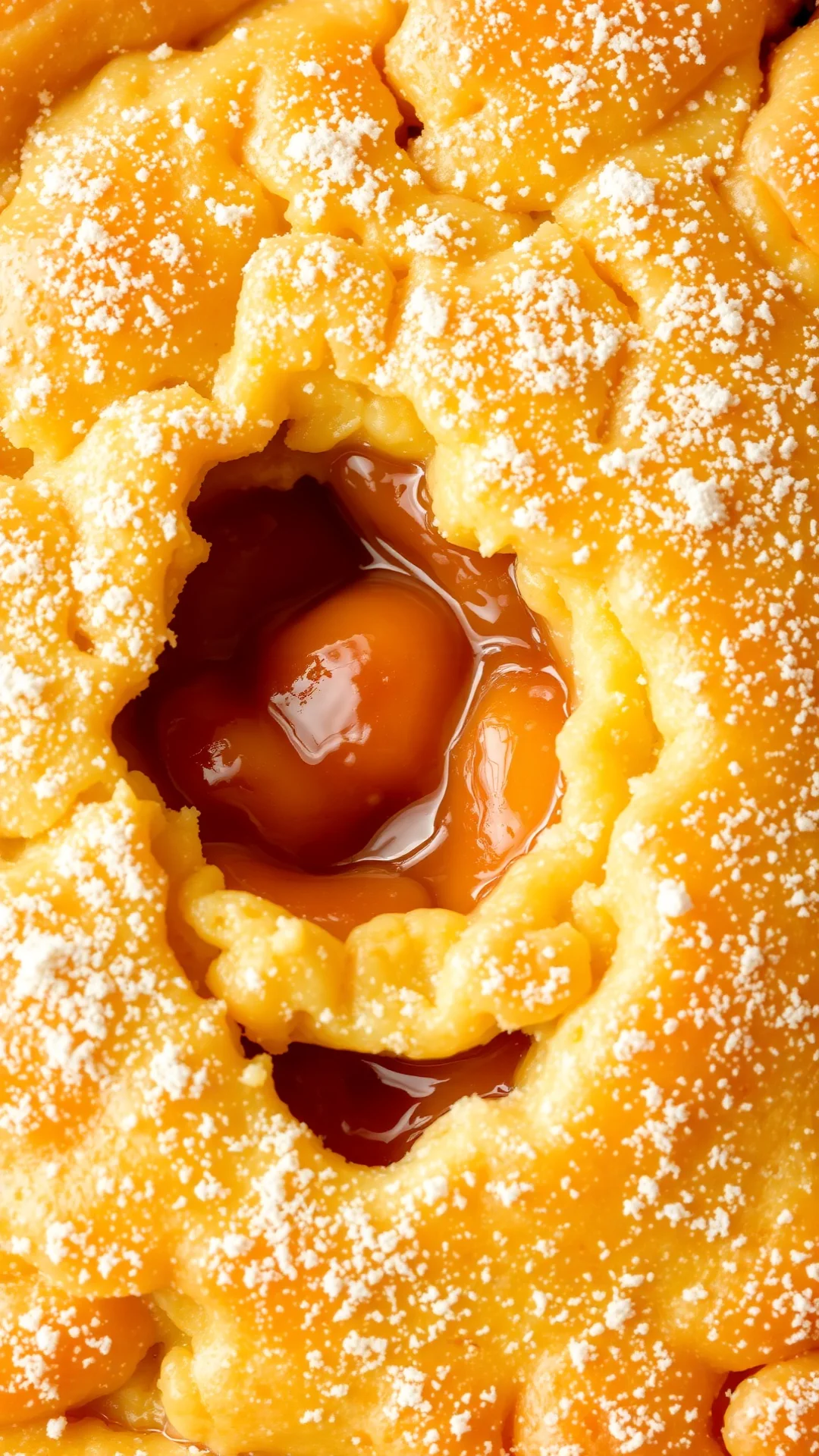 Close-up of a slice of apricot clafoutis with crispy golden top, creamy center texture, fresh apricots inside, dusted with co