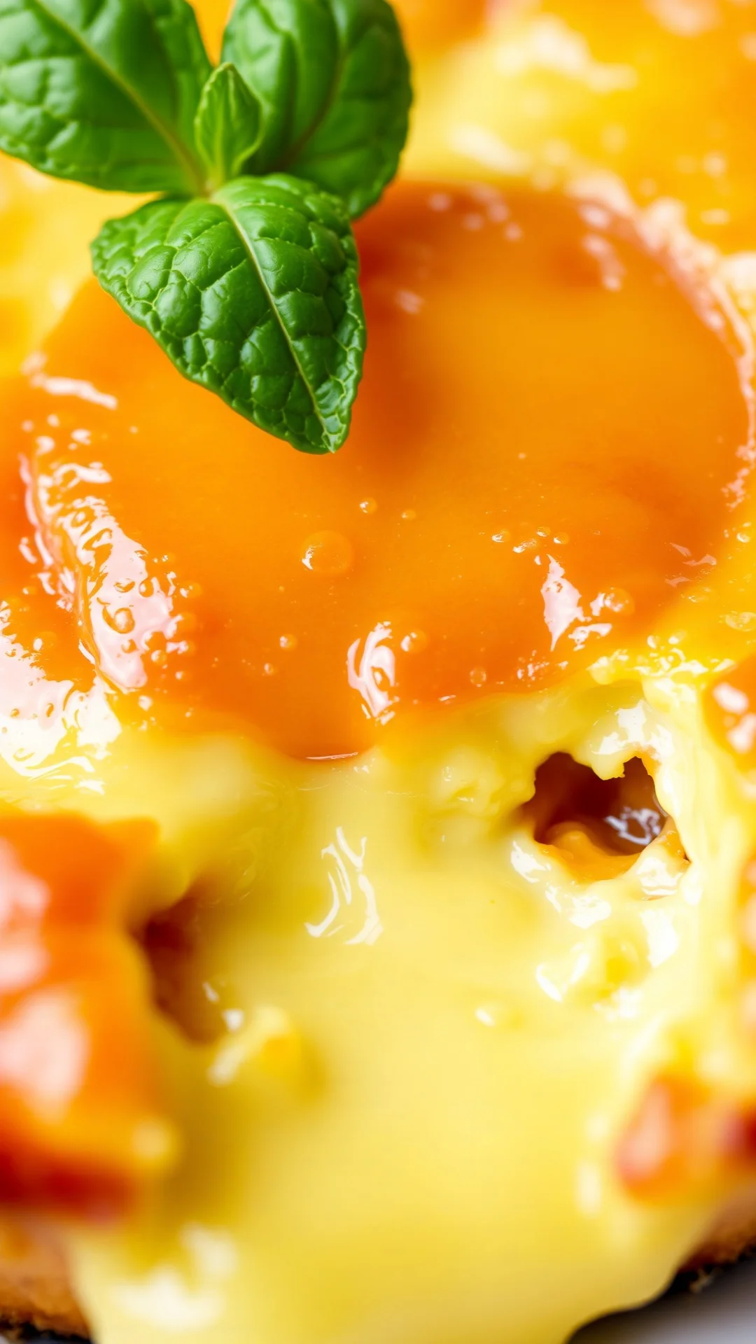 Close-up of creamy apricot clafoutis flan with caramelized top, soft custard texture, whole fresh apricots visible, summertim
