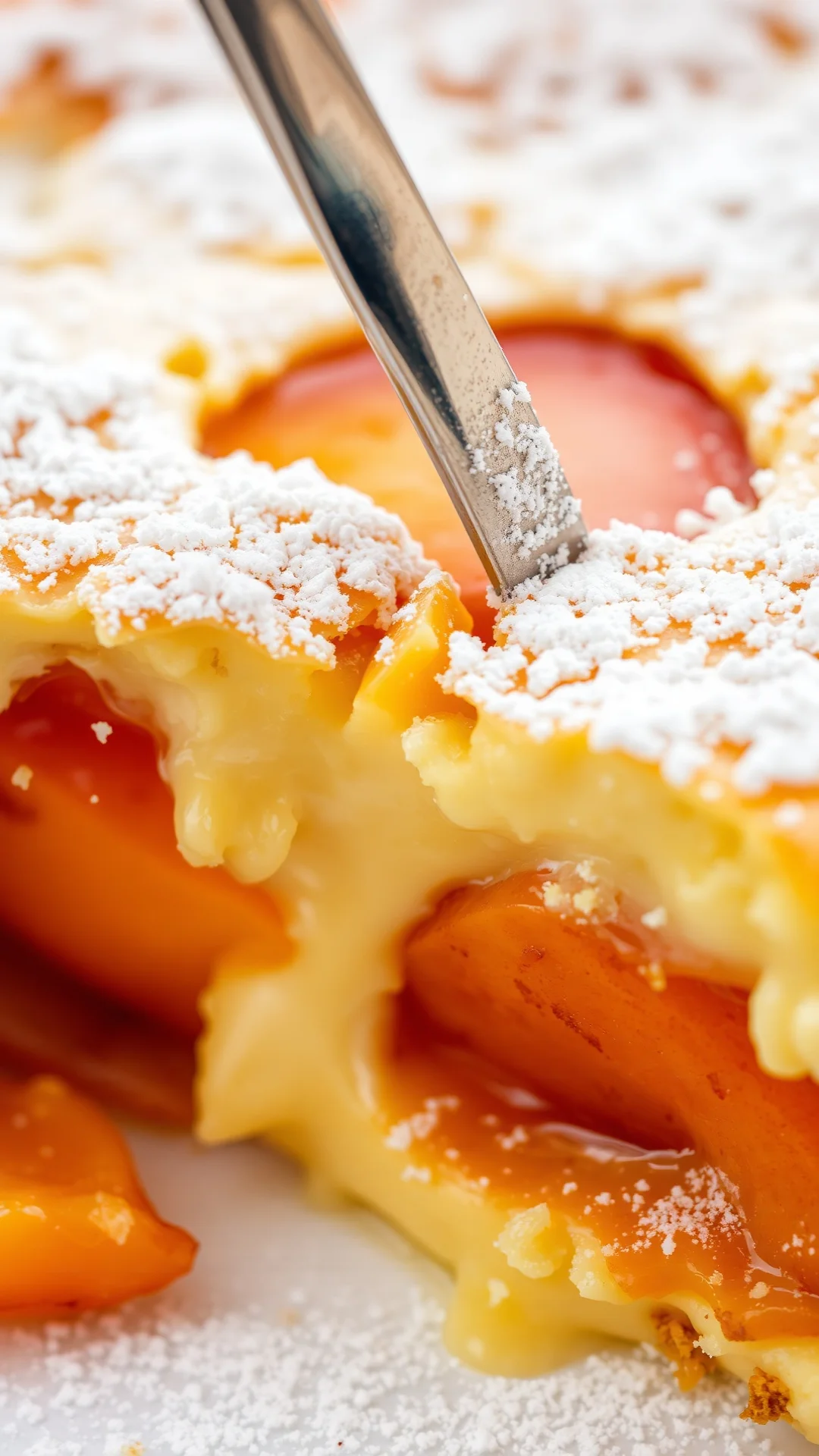 Close-up of creamy custard clafoutis cross-section with ripe apricots, golden crust, powdered sugar sprinkled on top, fork cu