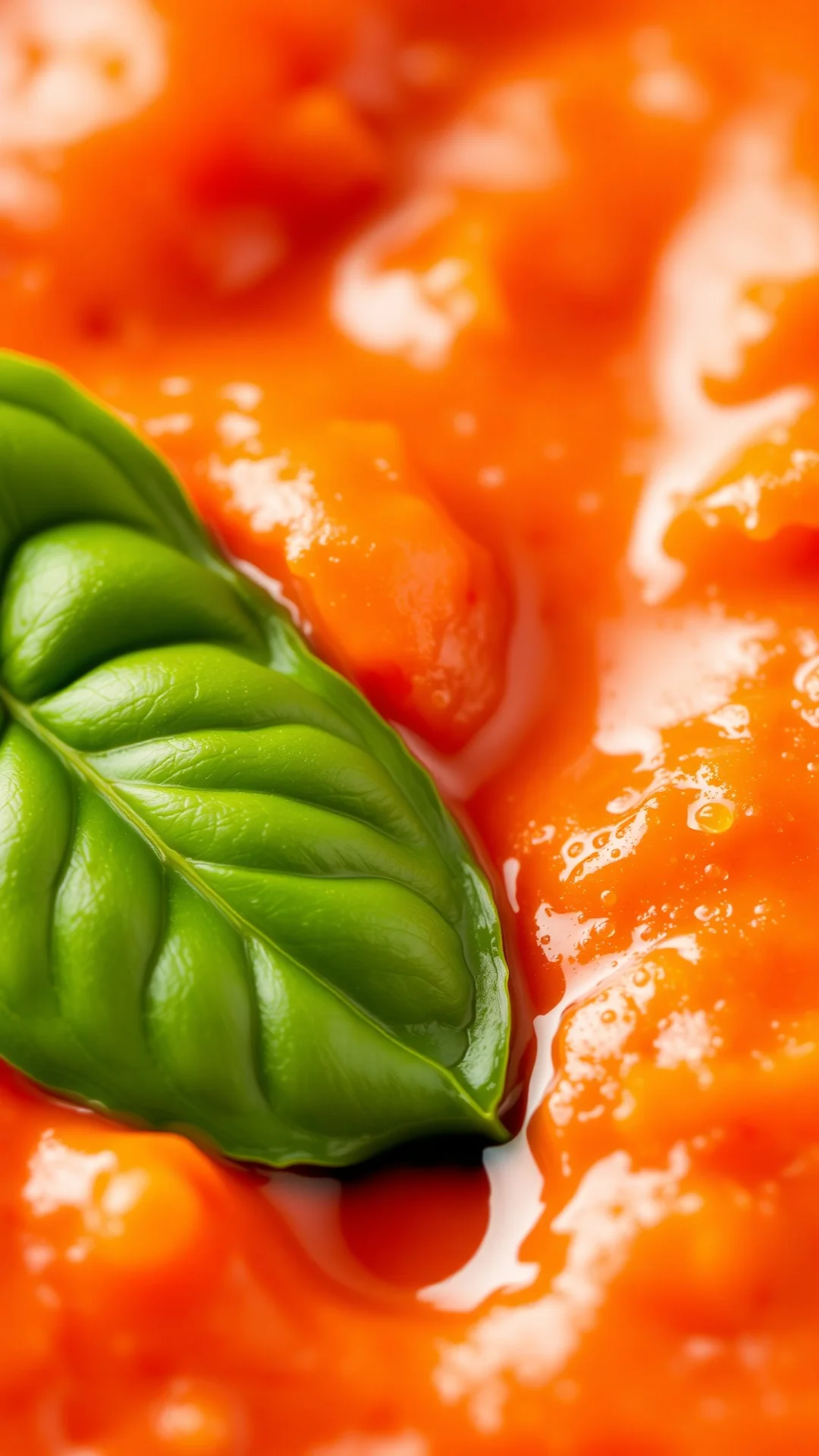Close-up of creamy rich tomato sauce with fresh basil leaf and droplet of olive oil, bubbling slowly, shallow depth of field,