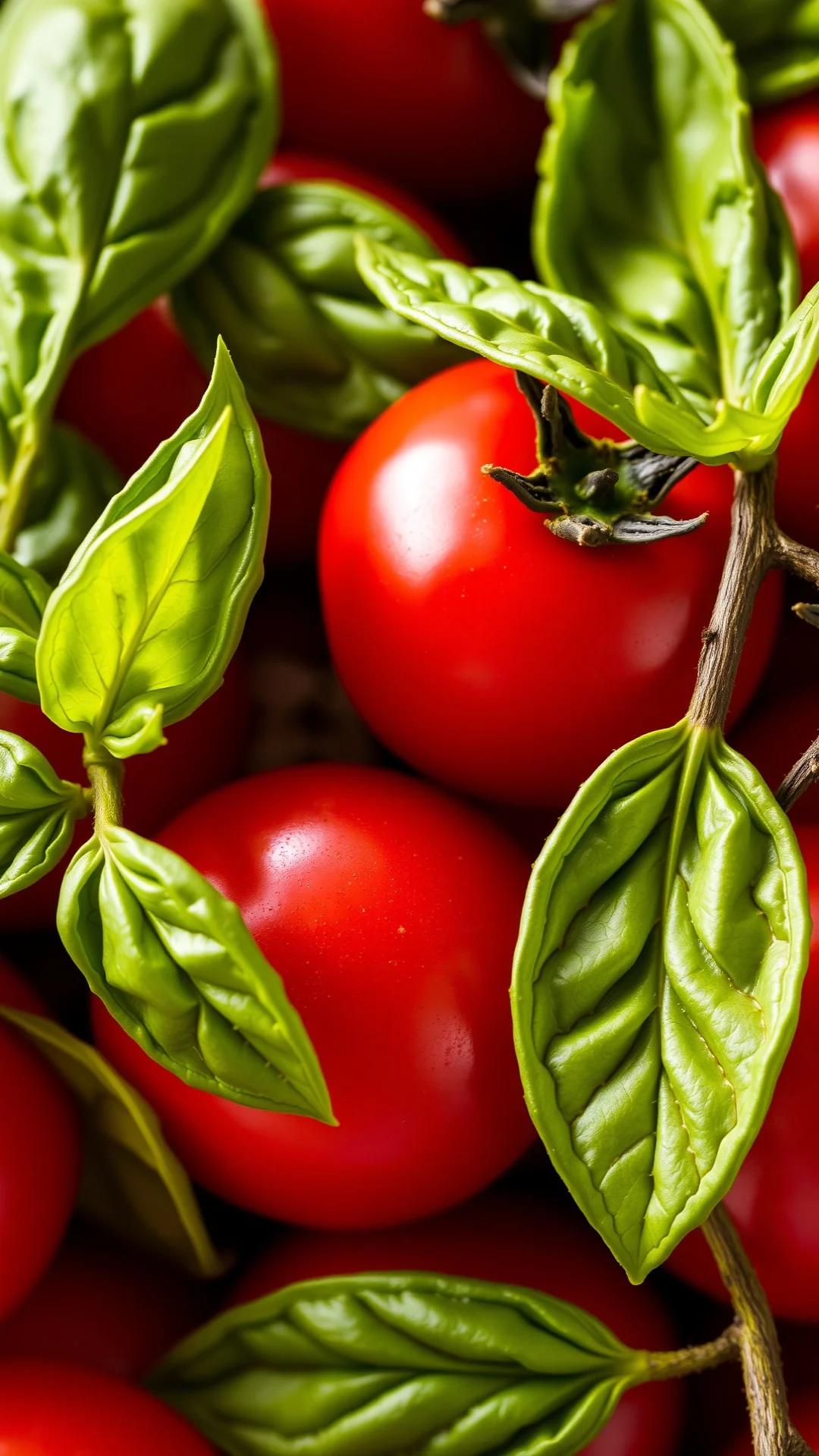 Close-up of fresh basil leaves and ripe red tomatoes, detailed texture, vibrant colors, culinary ingredient photography, soft