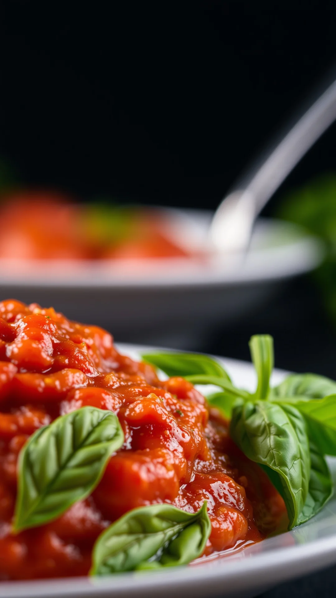 Close-up of fresh tomato basil sauce on a plate, vibrant red sauce, green basil leaves, selective focus, professional food ph