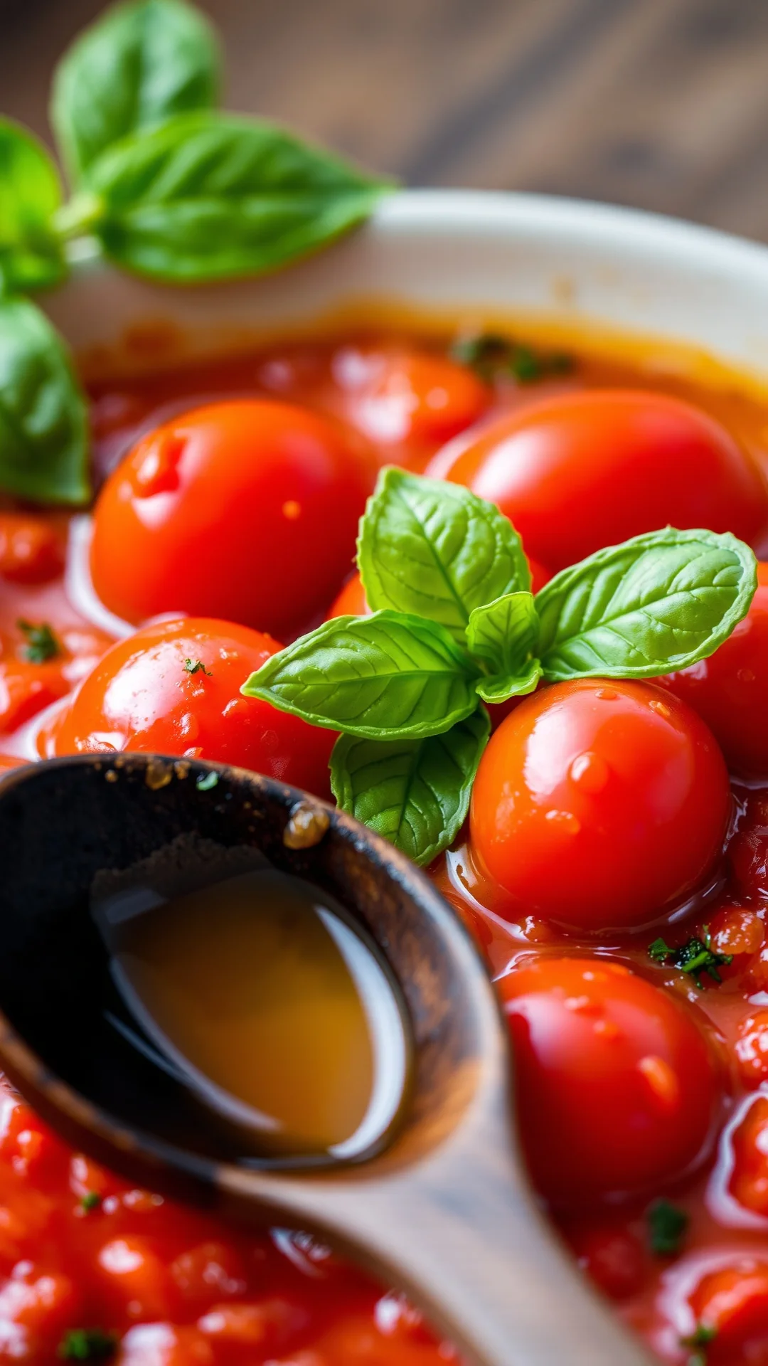 Close-up of fresh tomato sauce with cherry tomatoes, basil, olive oil drizzle, artisanal presentation, rustic wooden spoon, n