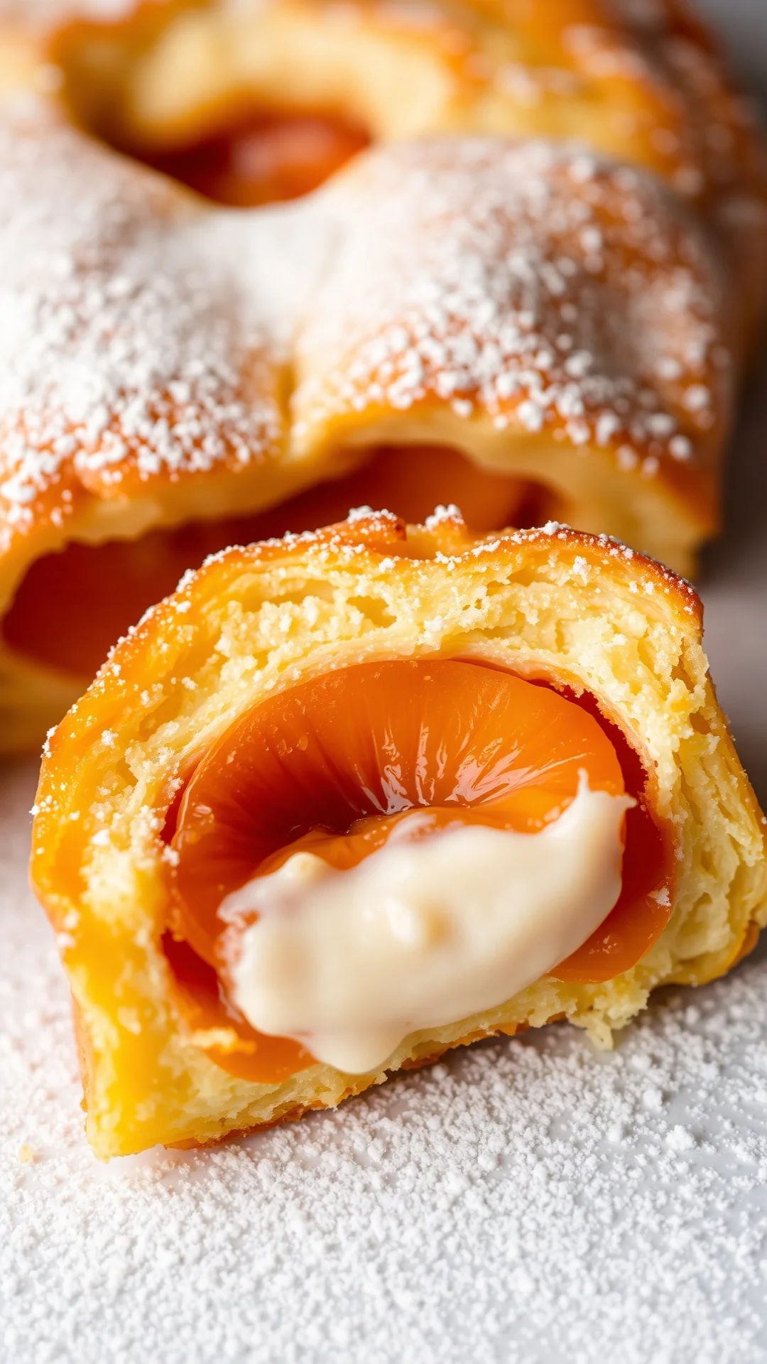 Close-up of golden clafoutis slice with juicy apricots inside, fluffy texture visible, powdered sugar dusting, creamy interio