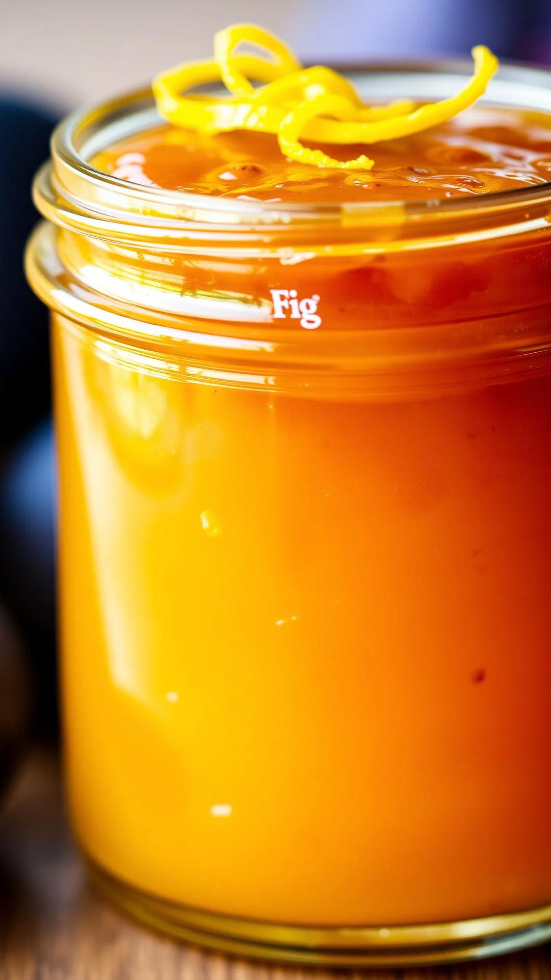 Close-up of homemade fig jam with honey and lemon, golden color in glass jar, natural lighting, fresh citrus zest visible on