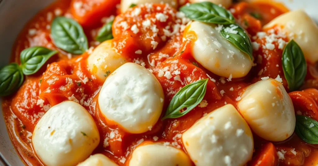 Close-up of homemade gnocchi with melted fresh mozzarella and vibrant tomato sauce, garnished with fresh basil leaves and par