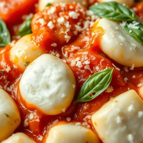 Close-up of homemade gnocchi with melted fresh mozzarella and vibrant tomato sauce, garnished with fresh basil leaves and par