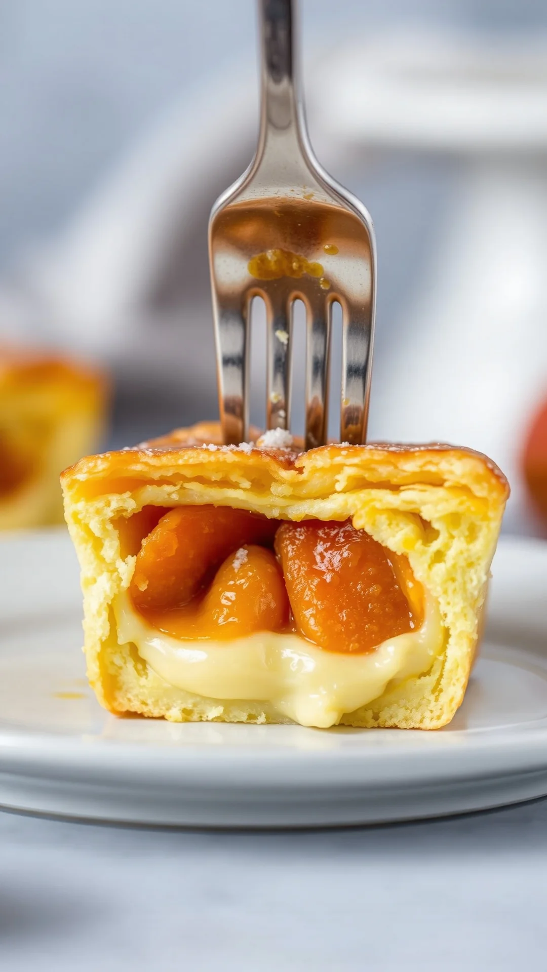Close-up of individual apricot clafoutis cross-section showing creamy custard interior with golden apricots, fork piercing de