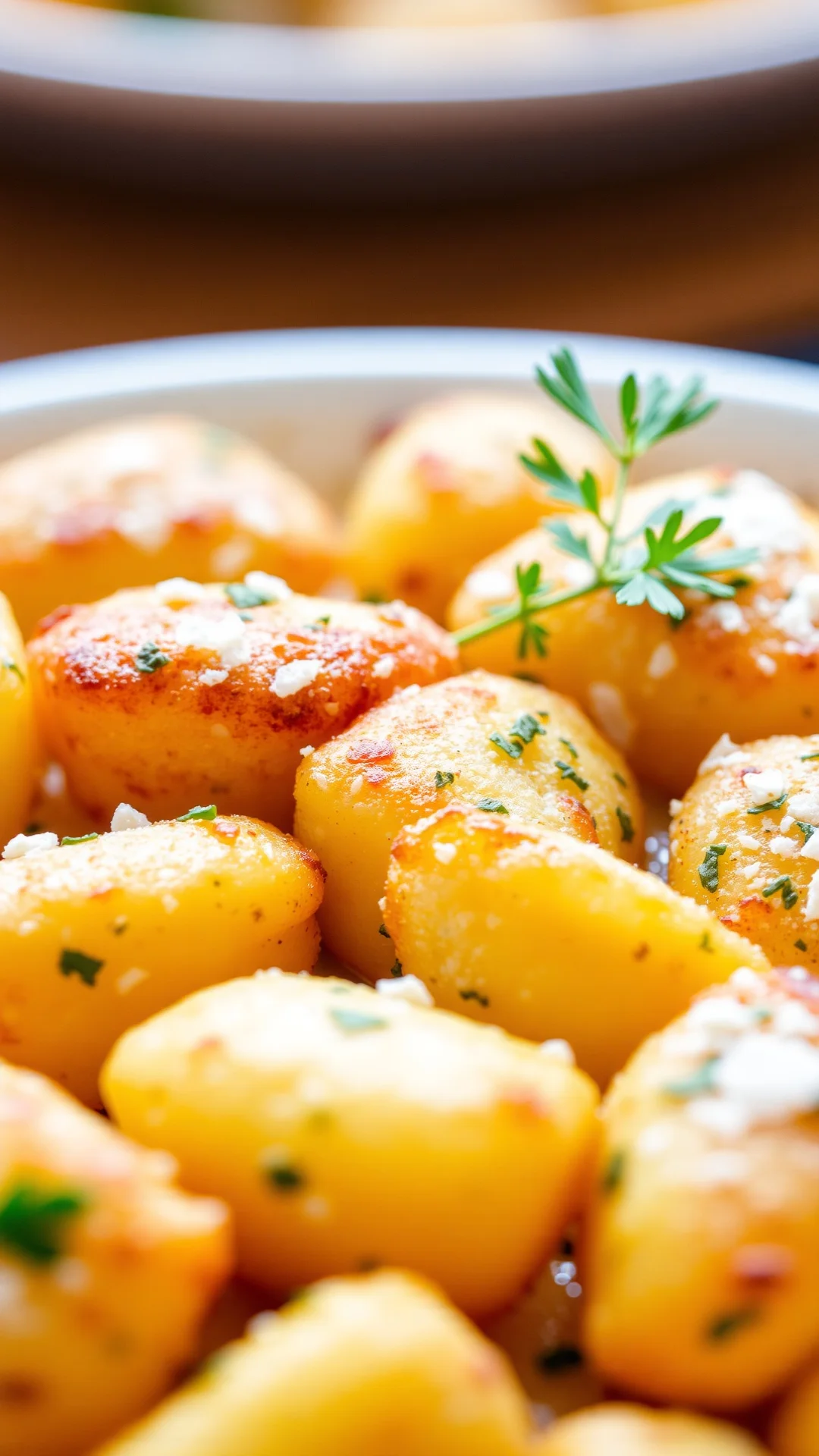 Close-up of pan-fried golden gnocchi with herb garnish and parmesan cheese, macro food photography, rustic style