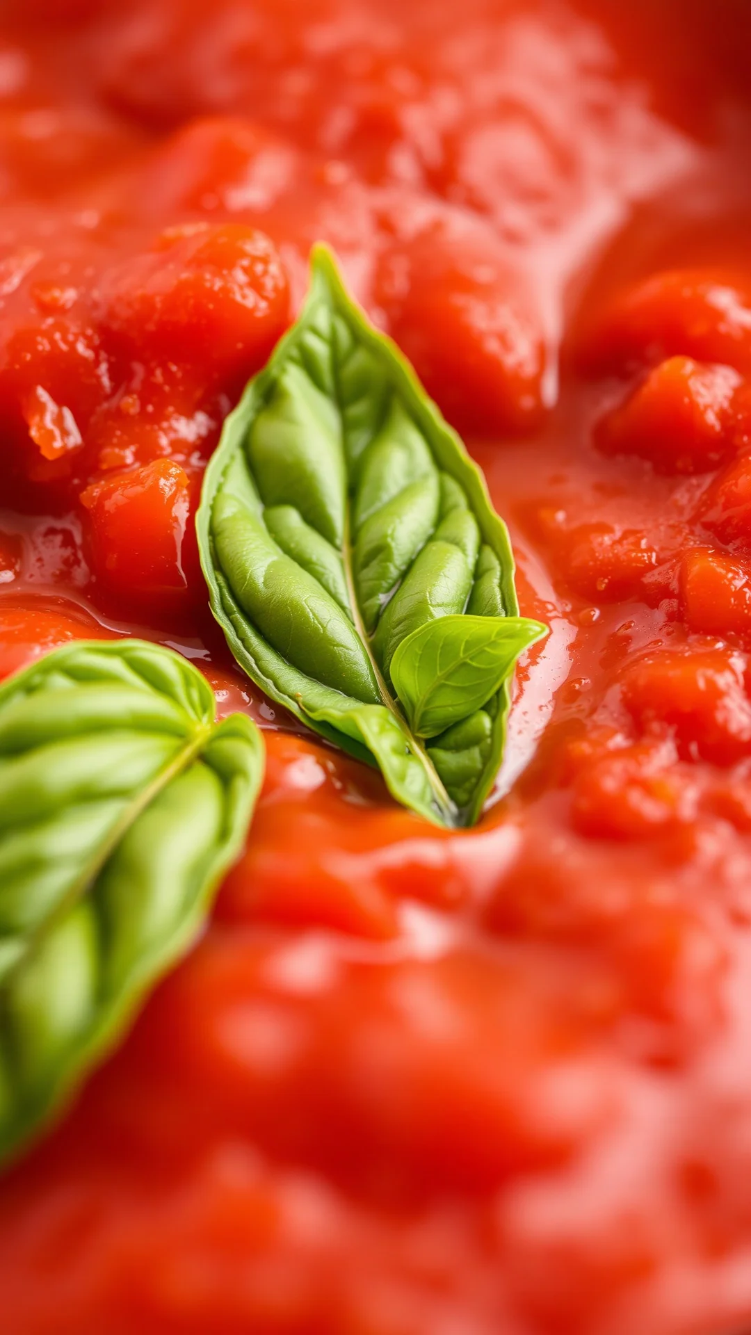 Close-up of rich homemade tomato sauce with fresh basil leaf, smooth red sauce texture, Italian culinary presentation, soft w