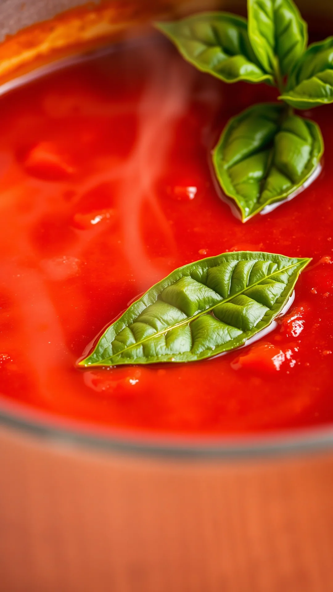 Close-up of rich red homemade tomato sauce in a copper pot, fresh basil leaf garnish, olive oil swirl, steam rising, warm lig