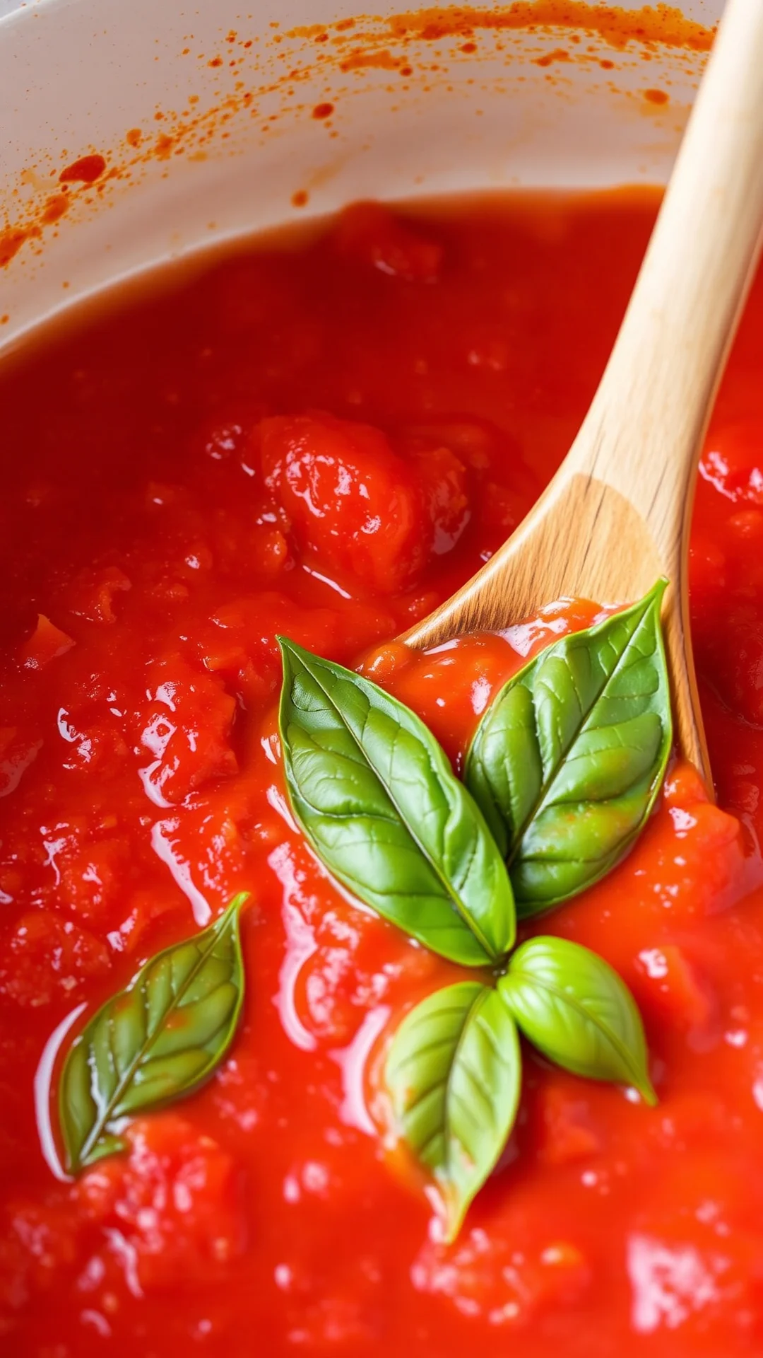 Close-up of simmering homemade tomato sauce with fresh basil leaves, creamy smooth texture, wooden spoon stirring, natural ki