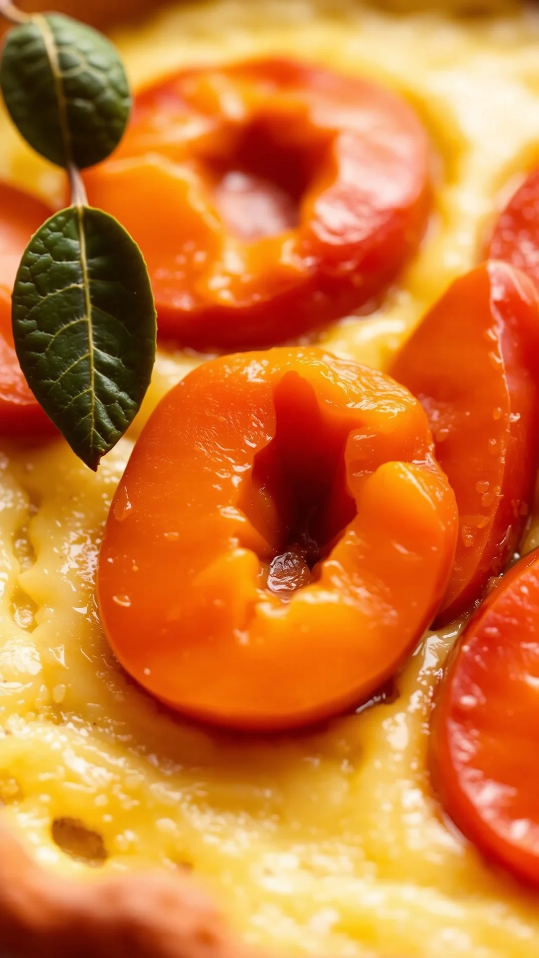 Close-up of sliced fresh apricots on clafoutis batter, golden-brown custard texture, natural lighting, food styling, gourmet