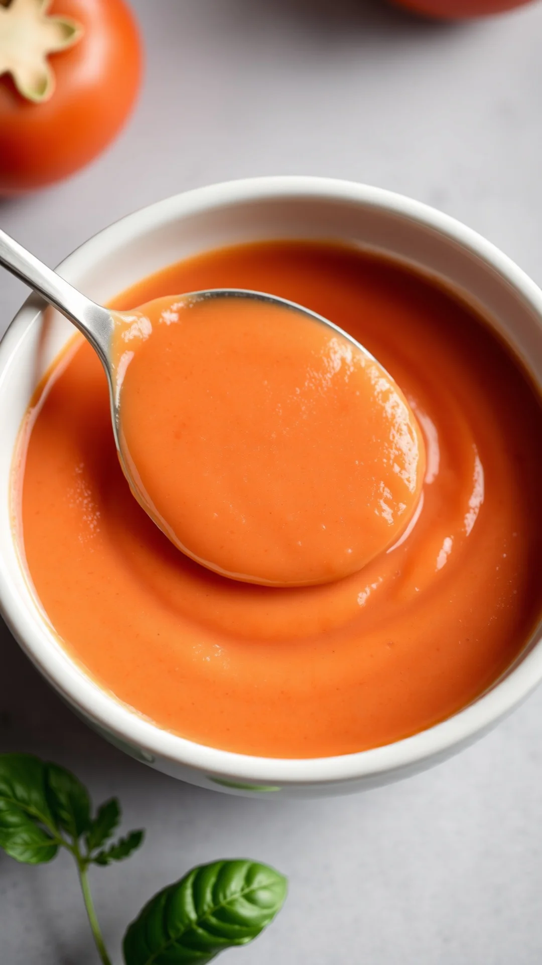 Close-up of smooth creamy tomato sauce for baby in white bowl, spoon of warm sauce, homemade fresh puree, soft daylight, nutr