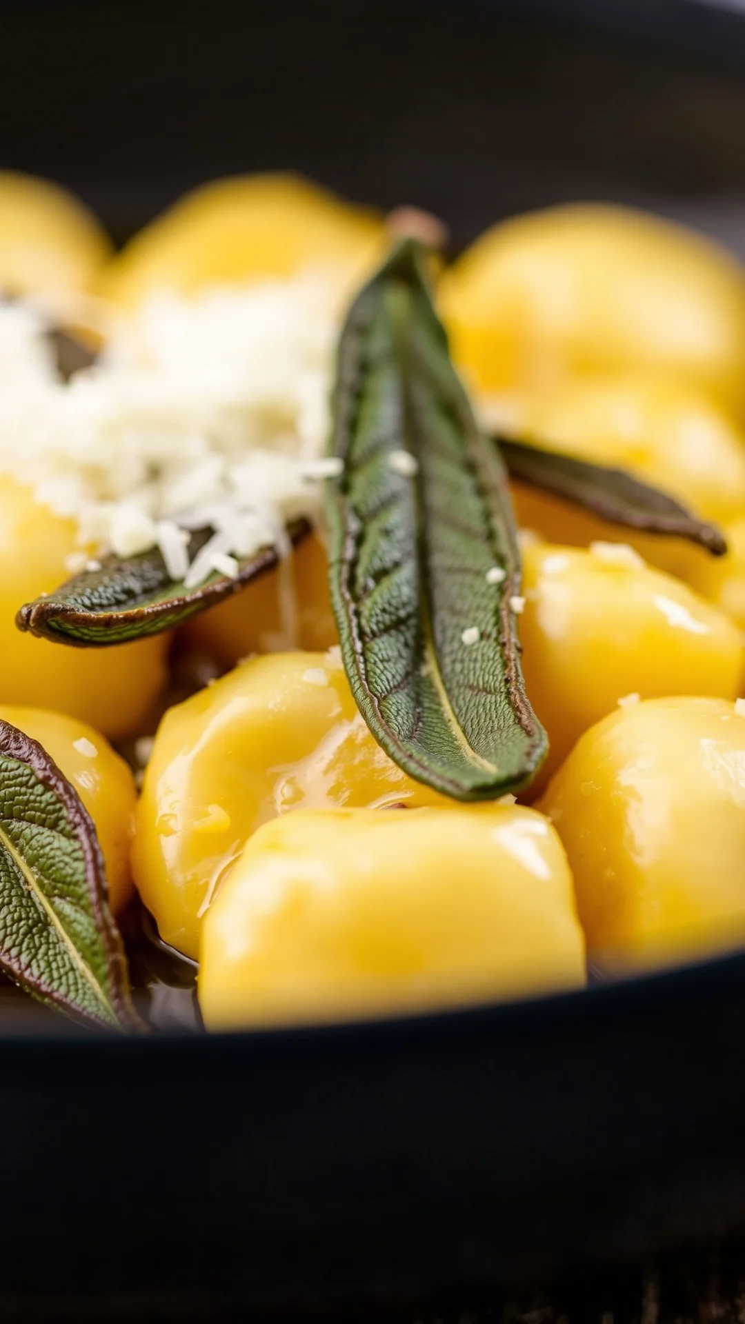 Close-up of tender gnocchi coated in brown butter with crispy sage leaves and melted parmesan, shallow depth of field, Italia