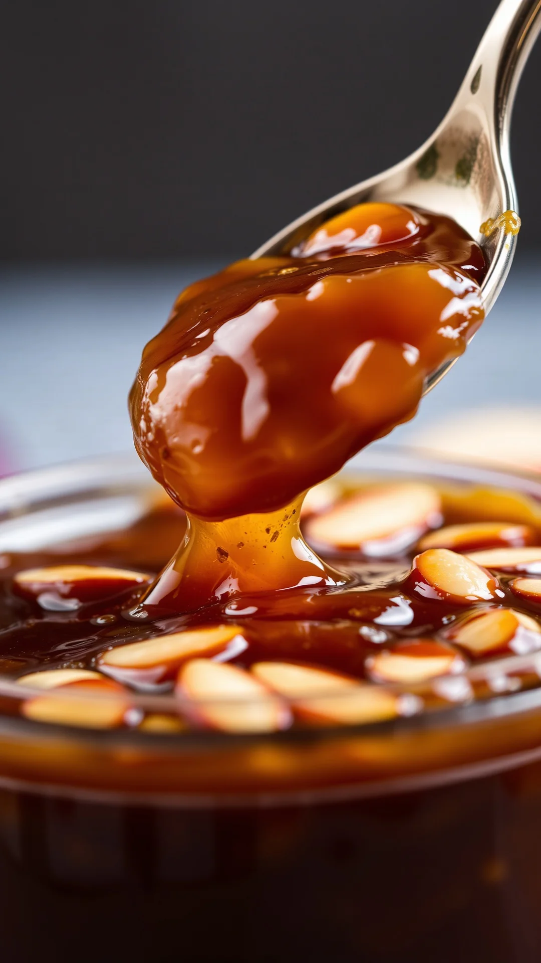 Close-up of thick fig apple jam with sliced almonds, rich brown color, spoon lifting jam, artisanal preserve, morning breakfa