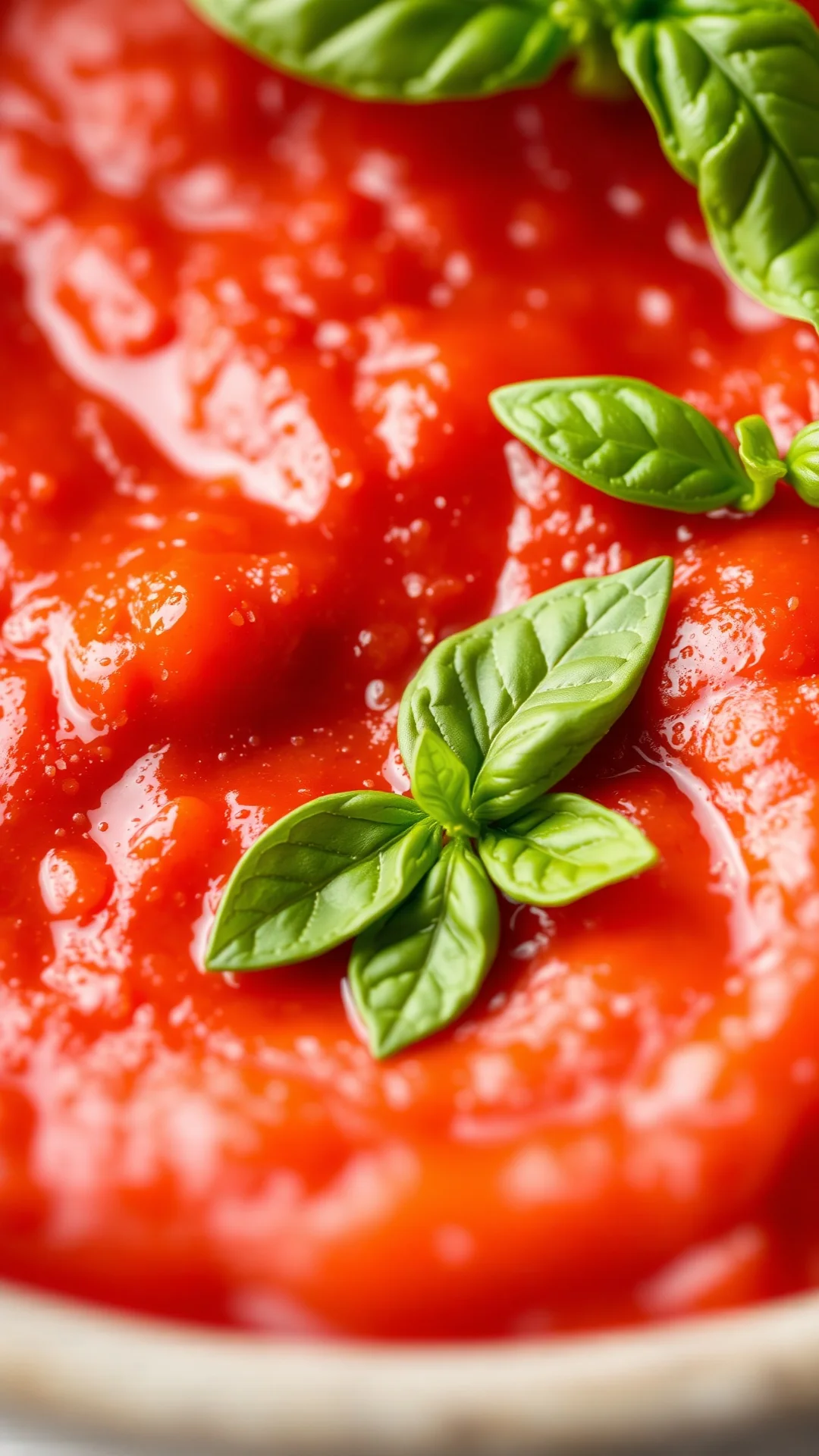 Close-up of vibrant red homemade tomato sauce texture, fresh basil garnish, artisanal bowl, creamy consistency, macro food ph