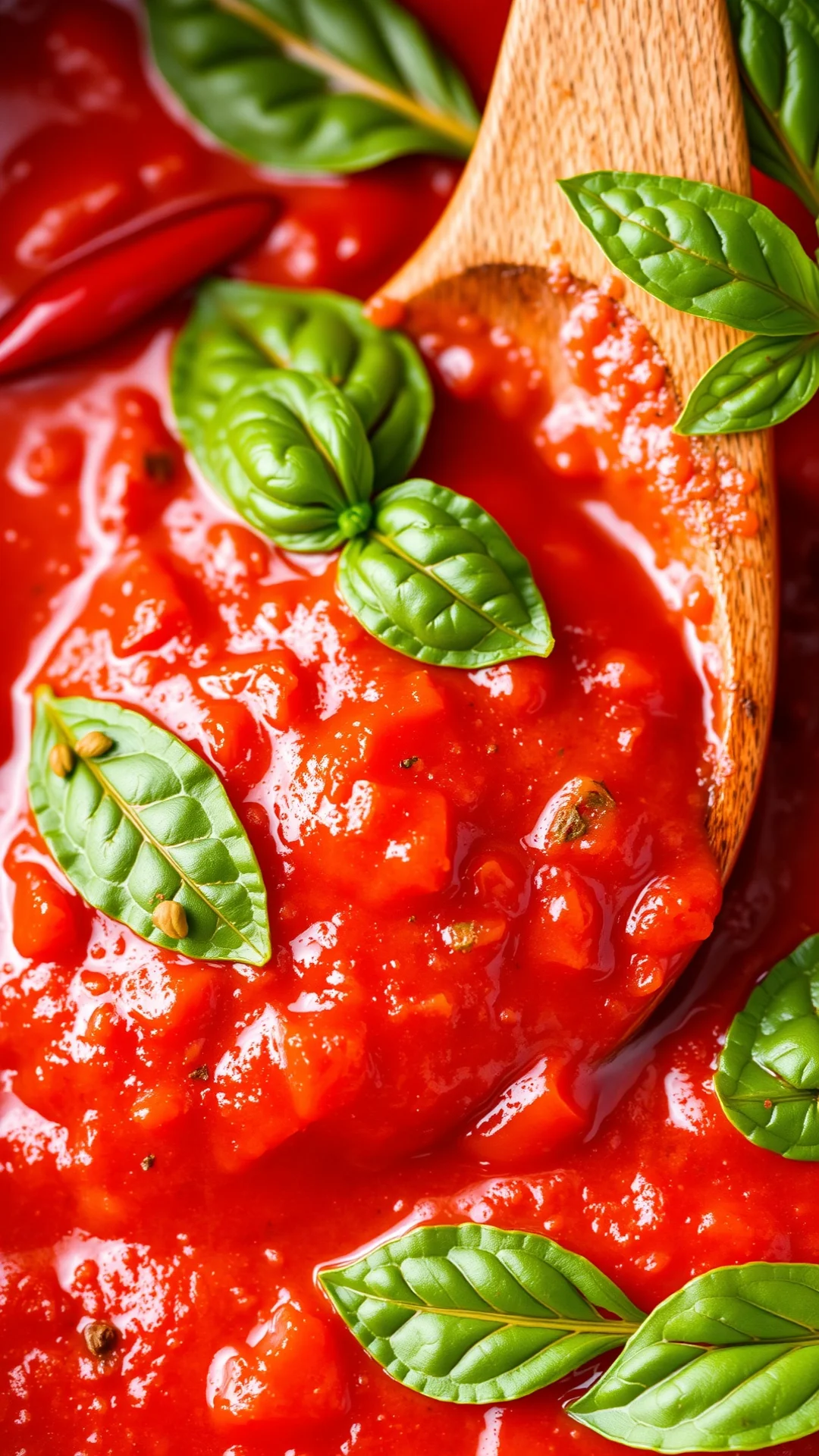 Close-up of vibrant red spicy tomato sauce with fresh basil leaves, whole red chili peppers scattered around, artisanal woode