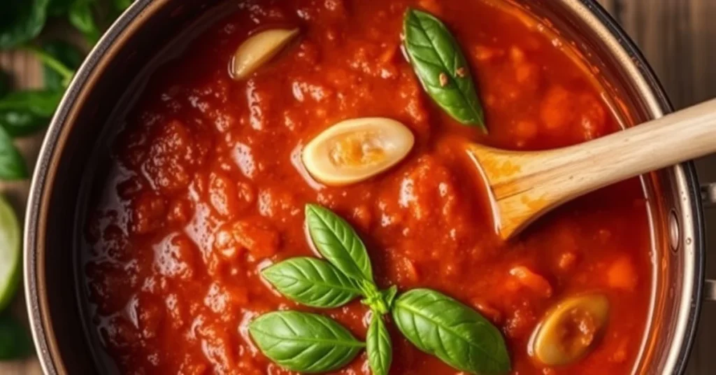 Close-up overhead shot of a rustic Italian tomato sauce simmering in a traditional copper pot, vibrant red sauce with fresh b