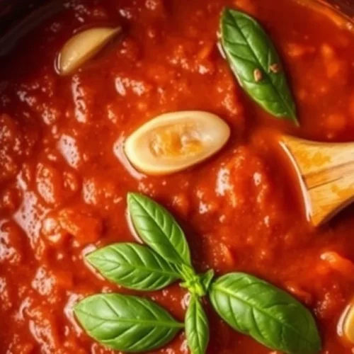 Close-up overhead shot of a rustic Italian tomato sauce simmering in a traditional copper pot, vibrant red sauce with fresh b