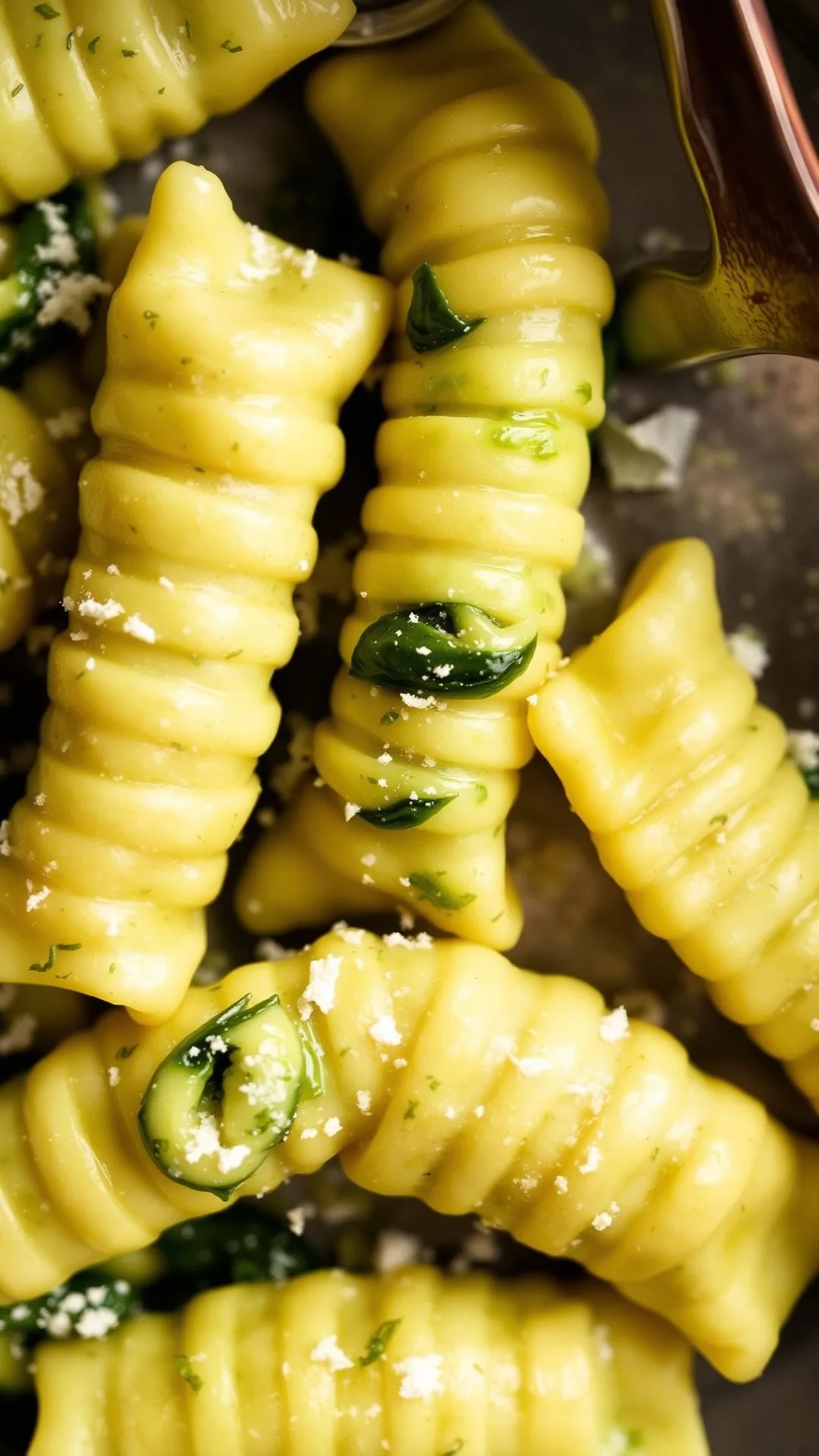 Close-up overhead shot of homemade spinach gnocchi with ridged texture, dusted with Parmesan, soft natural lighting, cooking