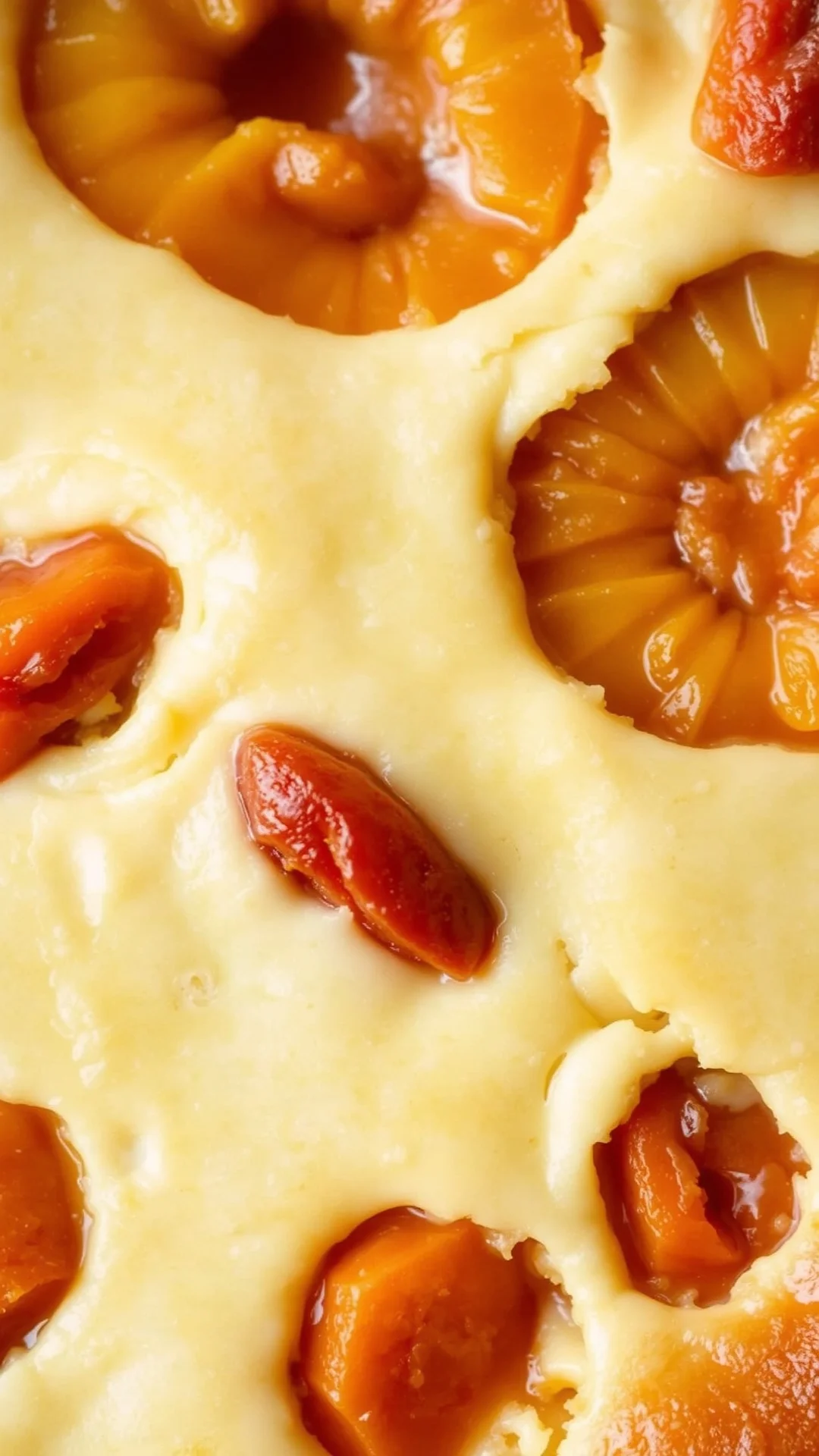 Close-up overhead view of creamy apricot clafoutis batter texture with fresh apricot pieces, shallow depth of field, golden b
