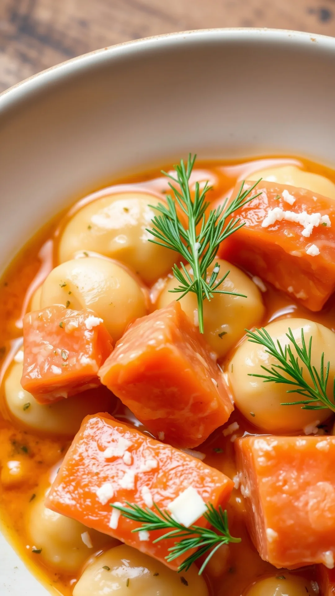 Close-up overhead view of creamy gnocchi with smoked salmon pieces and fresh dill garnish, rich sauce with parmesan cheese, s