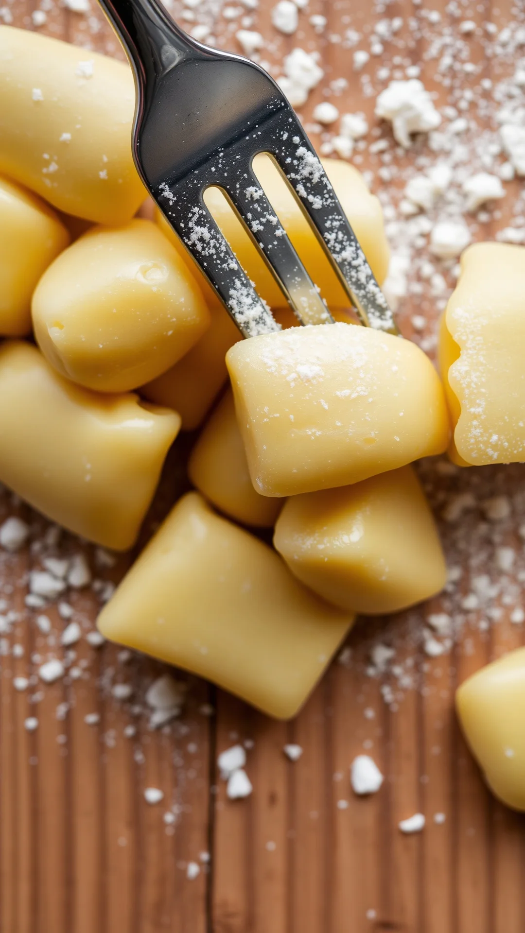 Close-up overhead view of delicate homemade gnocchi with fork marks, dusted with flour on wooden surface, Italian cuisine pre