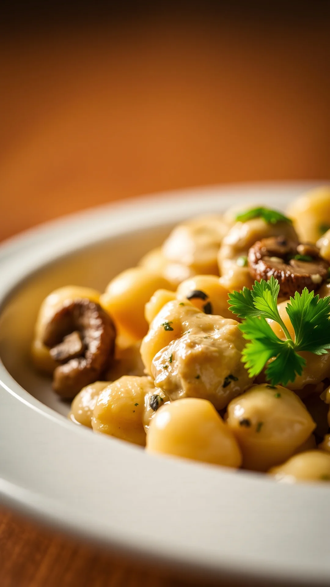 Close-up professional food photography of creamy mushroom gnocchi with fresh parsley, garnish, shallow depth of field, warm s