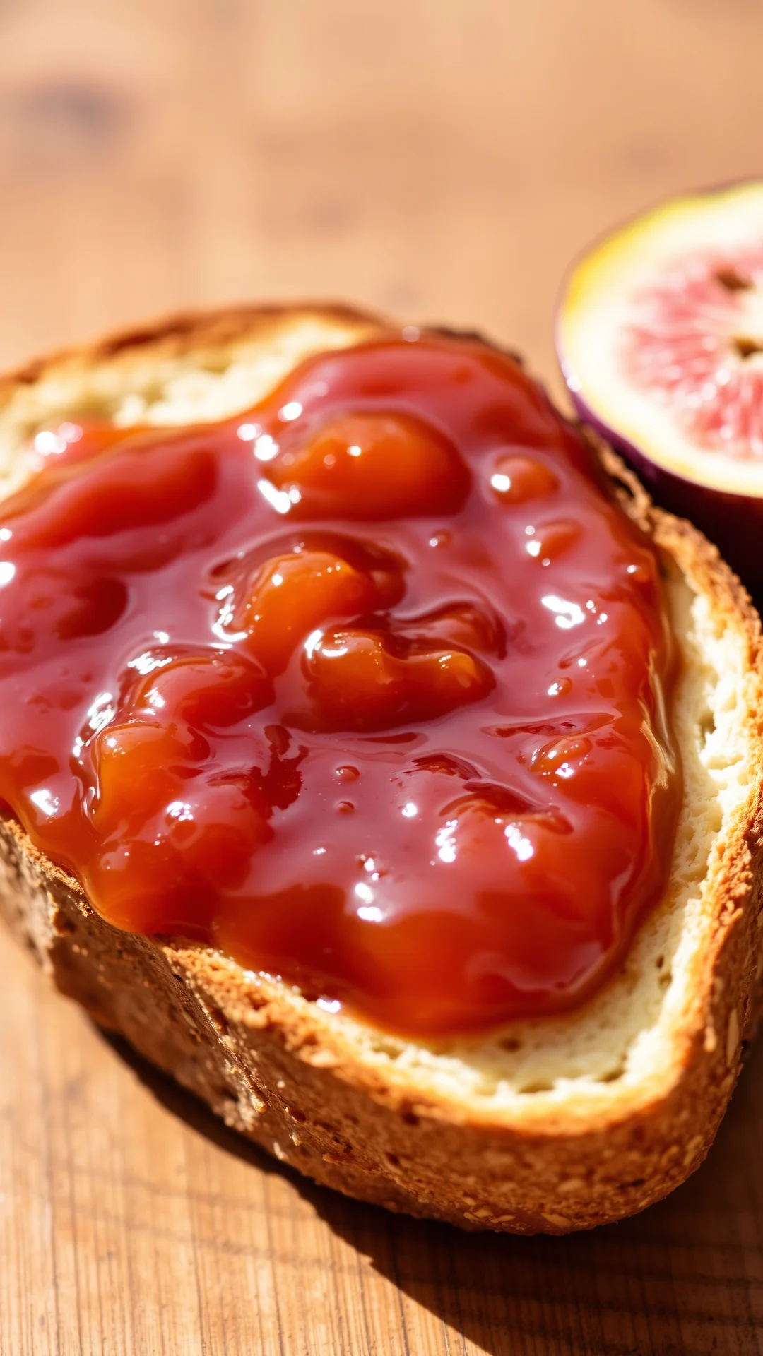 Close-up shot of homemade fig and apple jam spread on warm toast, dripping texture, golden amber color, sunlight, rustic wood