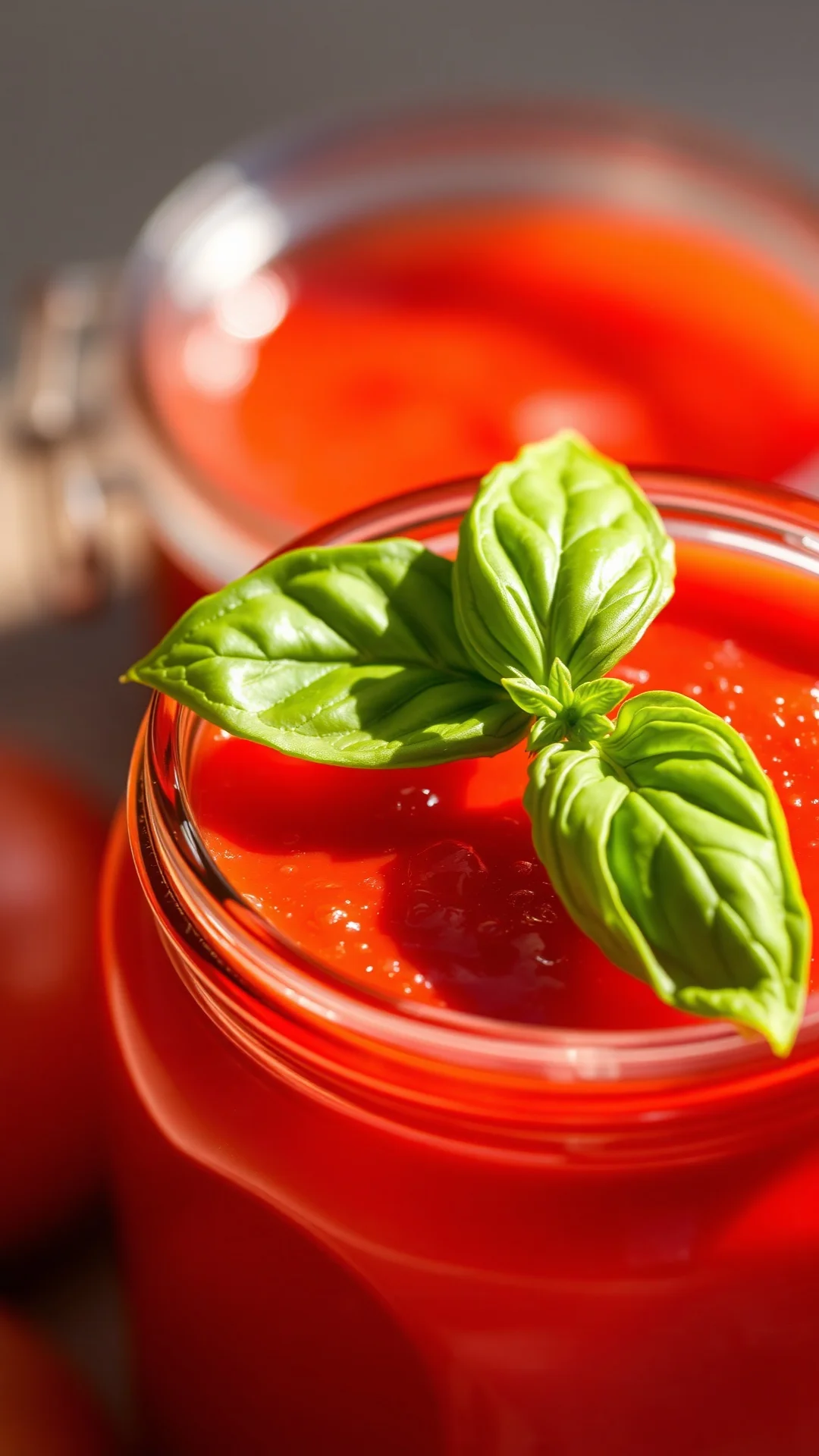 Close-up shot of homemade tomato sauce in glass jar, rich red color, fresh basil leaf on top, warm sunlight, preserved jam ae