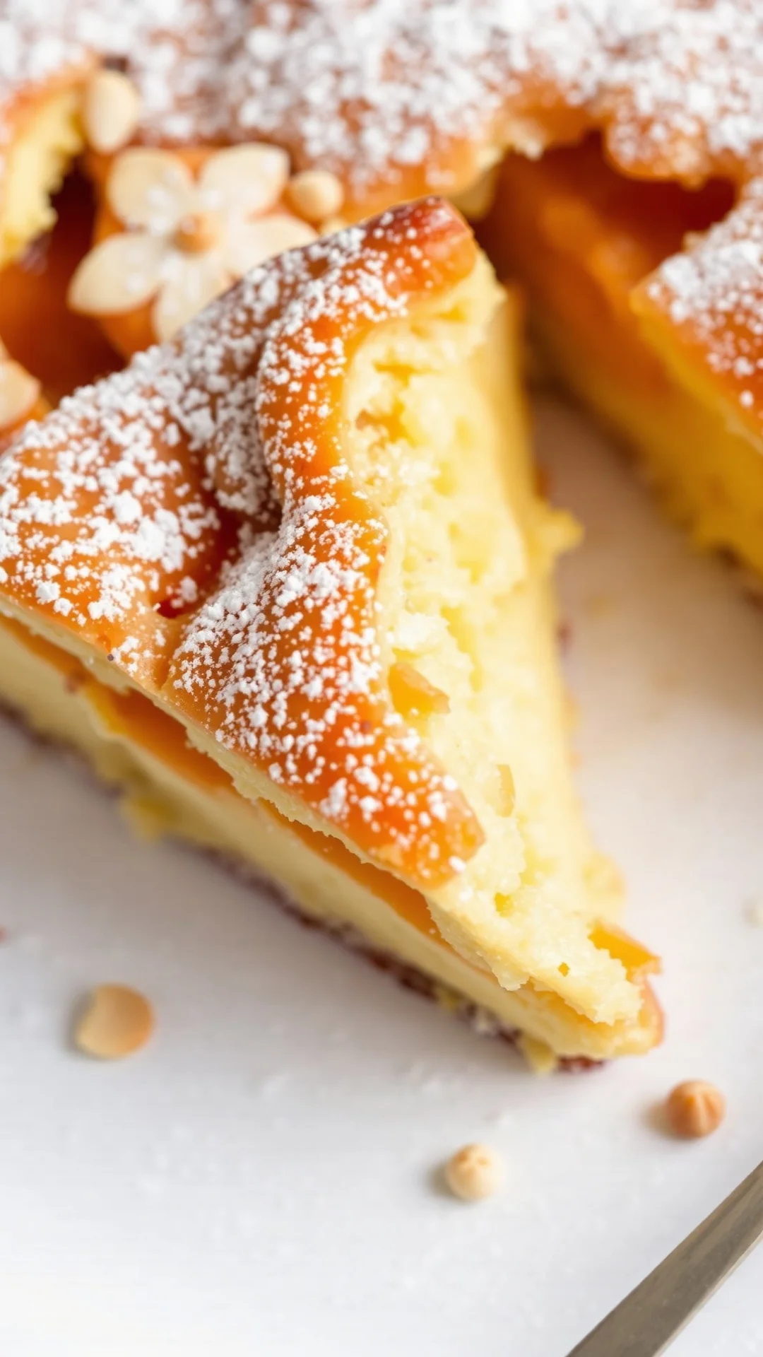Close-up slice apricot clafoutis powder almond, creamy center, golden crust, served plate, garnished powdered sugar, detailed