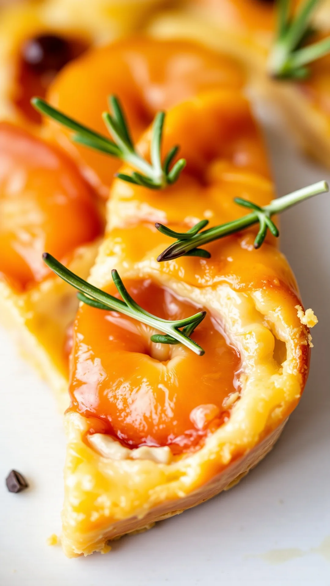 Close-up slice of apricot clafoutis with rosemary herb garnish, creamy custard interior, caramelized golden top, fresh fruit