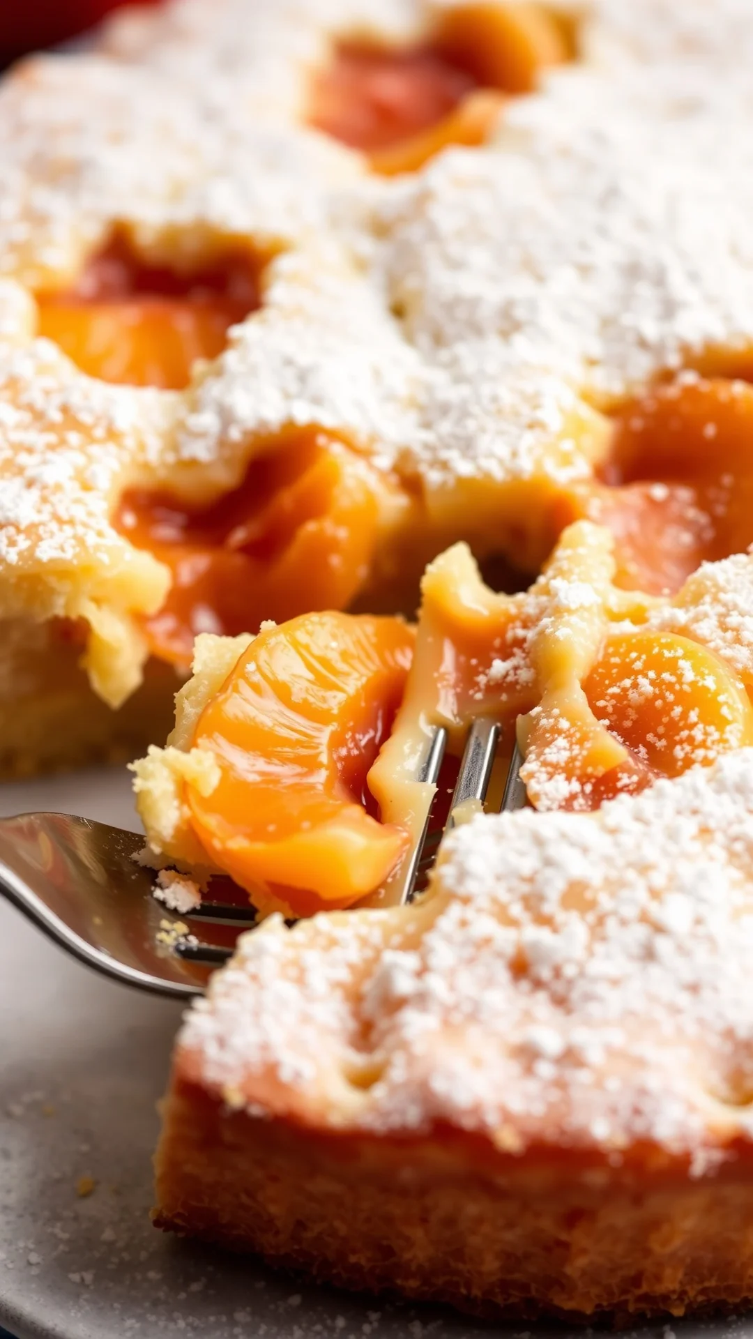 Close-up sliced apricot clafoutis with fresh apricots visible, creamy texture, powdered sugar topping, fork, soft natural lig