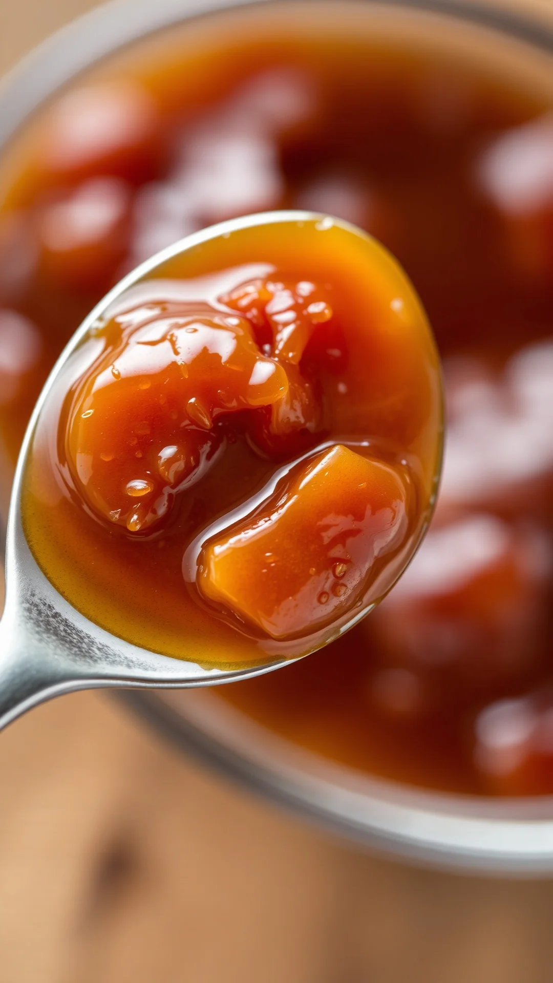 Close-up spoon of glossy fig jam with figs visible, rich golden color, wooden table background, shallow depth of field, appet