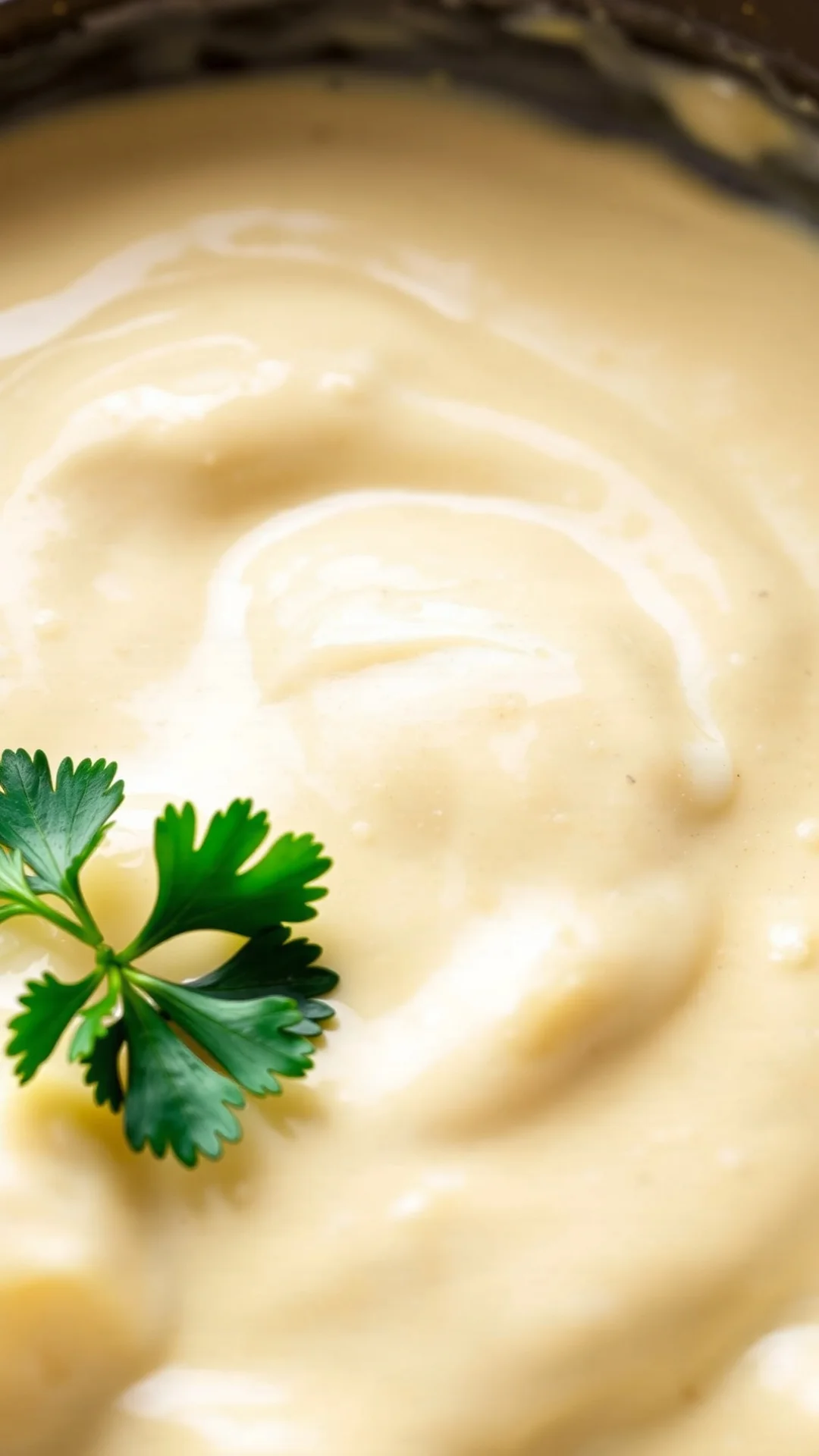Creamy cheese sauce for gnocchi, smooth parmesan cream, rich buttery texture, garnished with fresh parsley, macro food shot