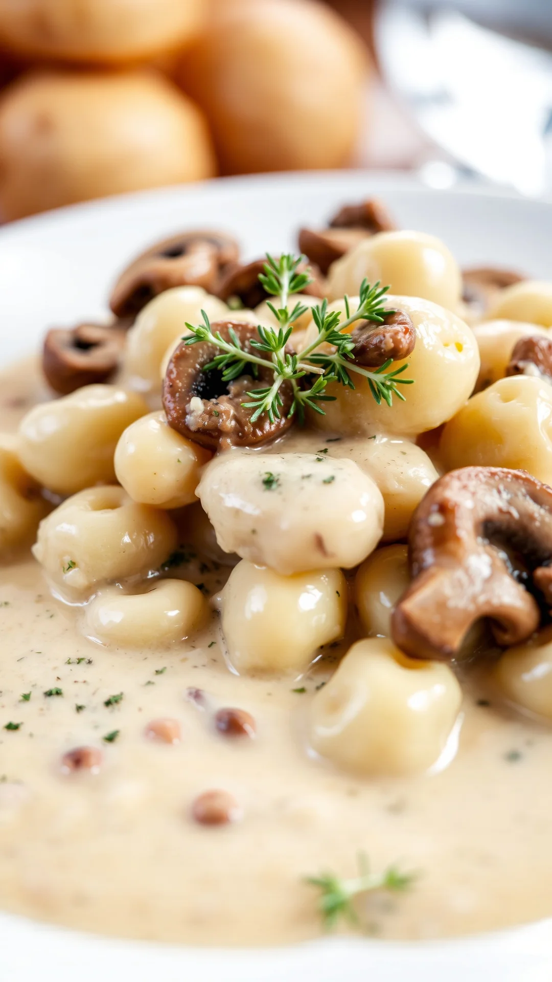 Creamy mushroom sauce coating fluffy gnocchi, fresh thyme garnish, earthy tones, restaurant-quality plating, warm lighting