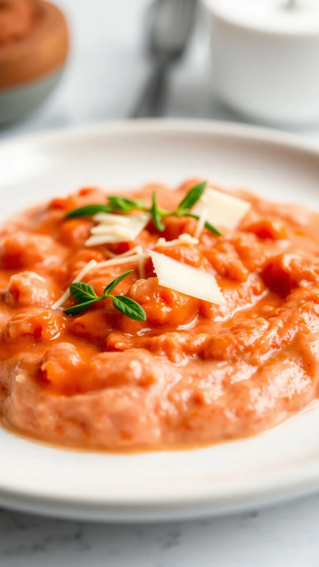 Creamy tomato sauce with parmesan cheese, luxurious cream texture, pink sauce, elegant plating, soft kitchen lighting, food p