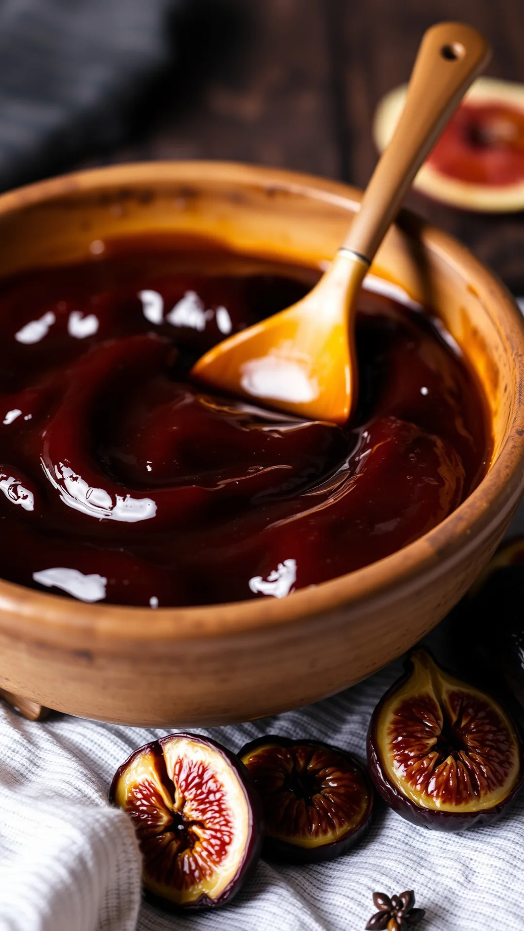 Creamy vanilla date fig jam in rustic bowl, dark smooth texture, vanilla beans and dried figs scattered around, warm cozy lig