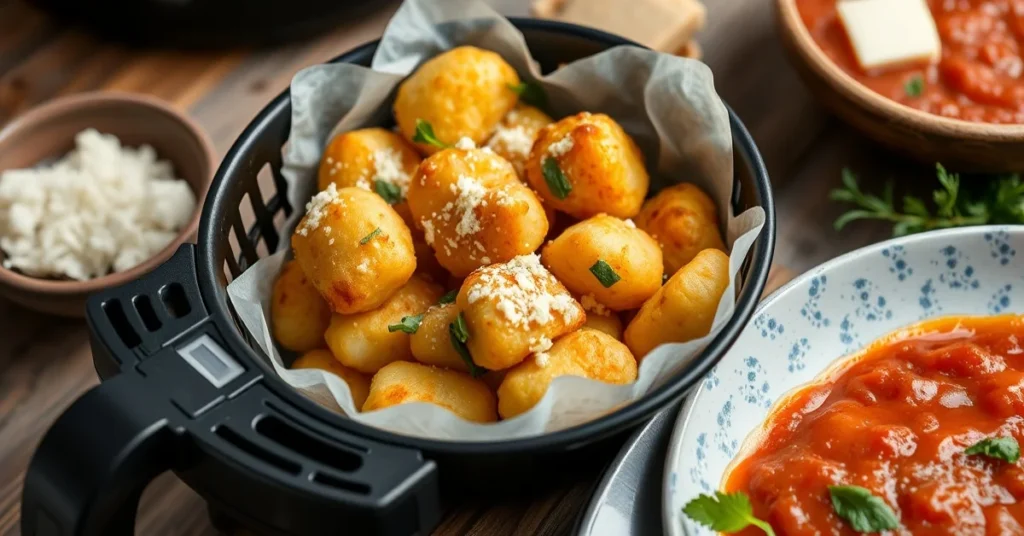 Crispy golden gnocchi in an air fryer basket, beautifully plated with fresh herbs, parmesan cheese, and served with tomato sa